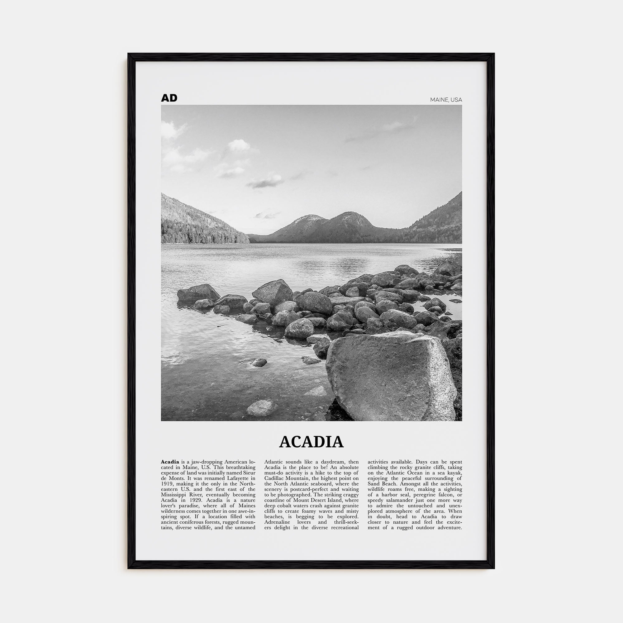 Acadia National Park Travel B&W Poster