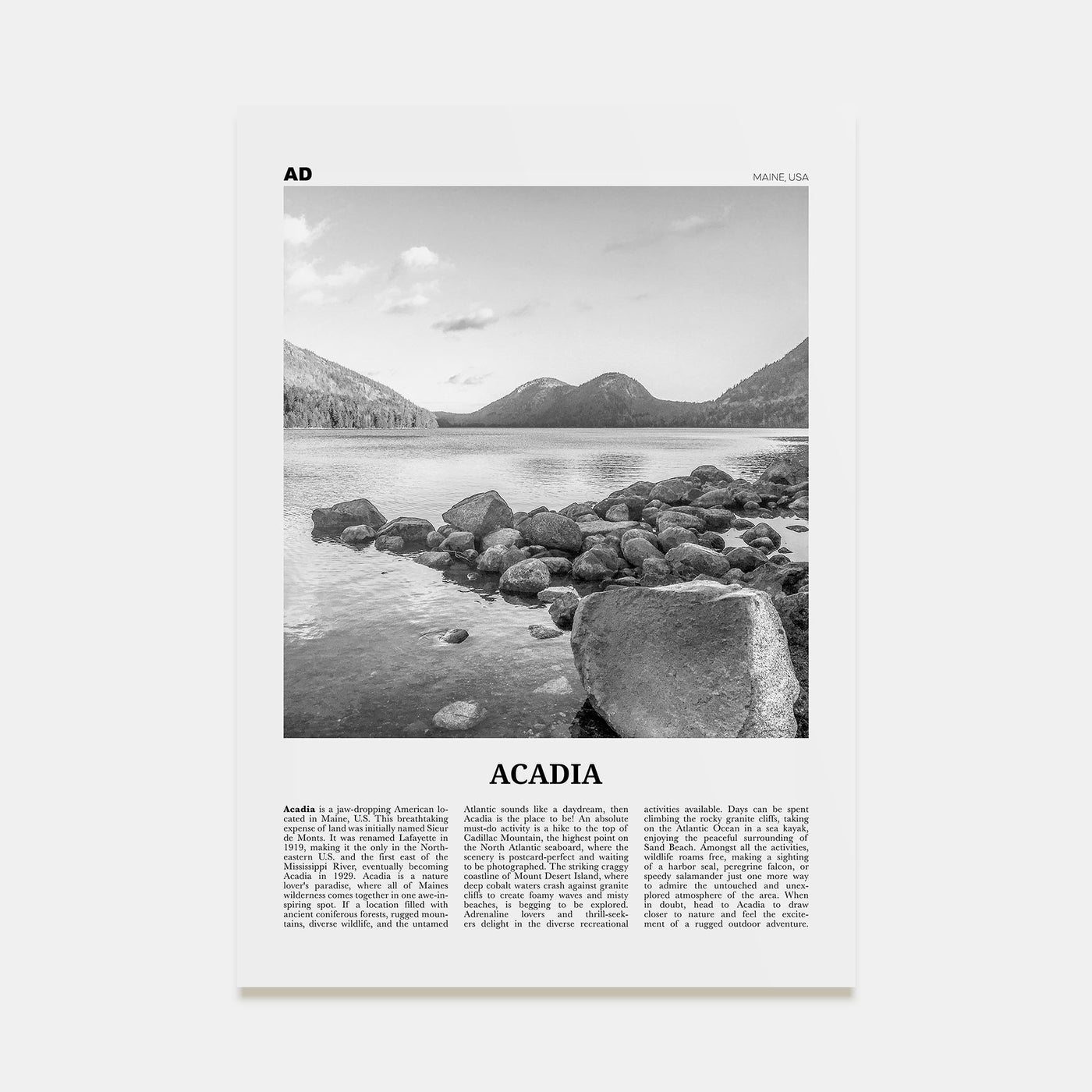 Acadia National Park Travel B&W Poster