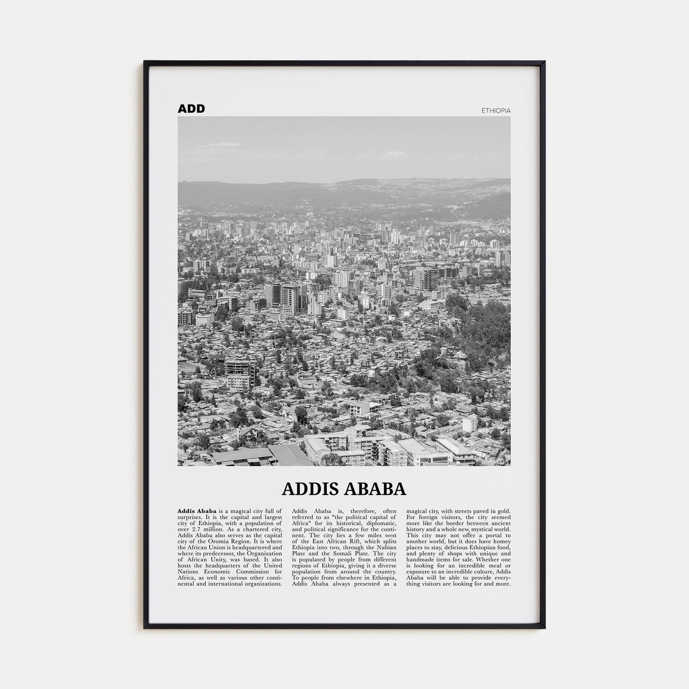 Addis Ababa Travel B&W Poster