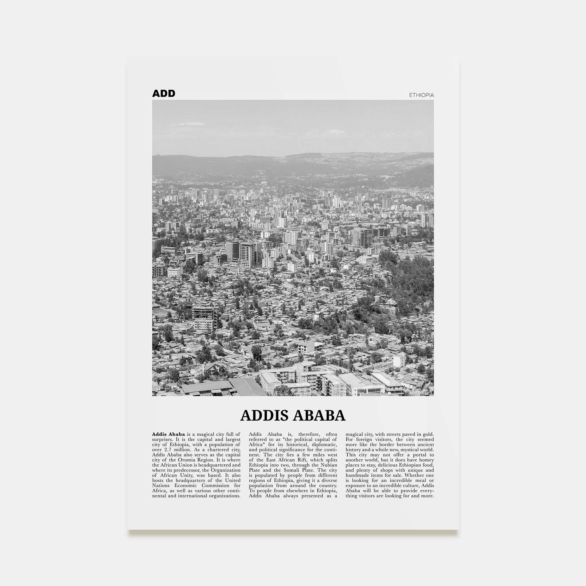 Addis Ababa Travel B&W Poster