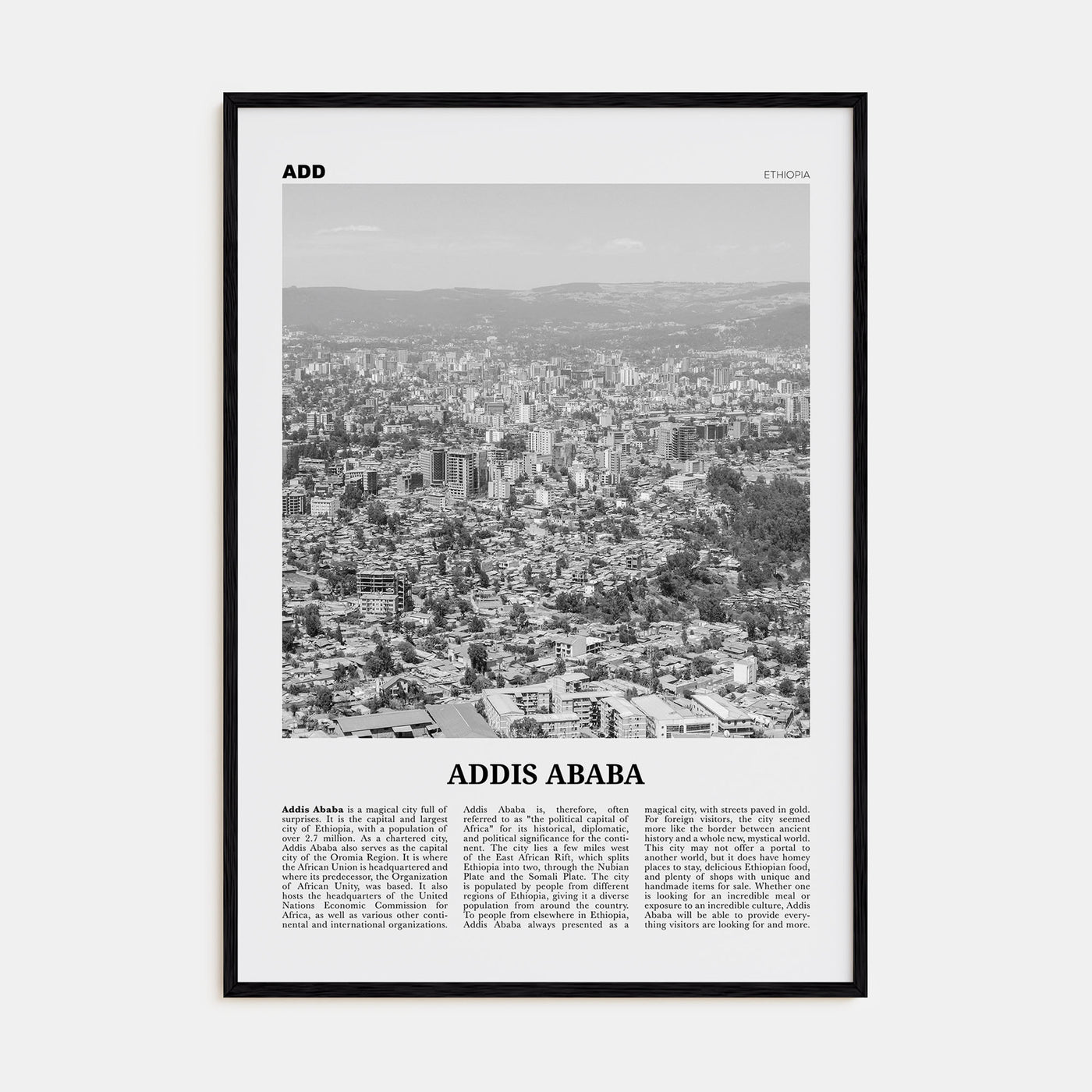 Addis Ababa Travel B&W Poster