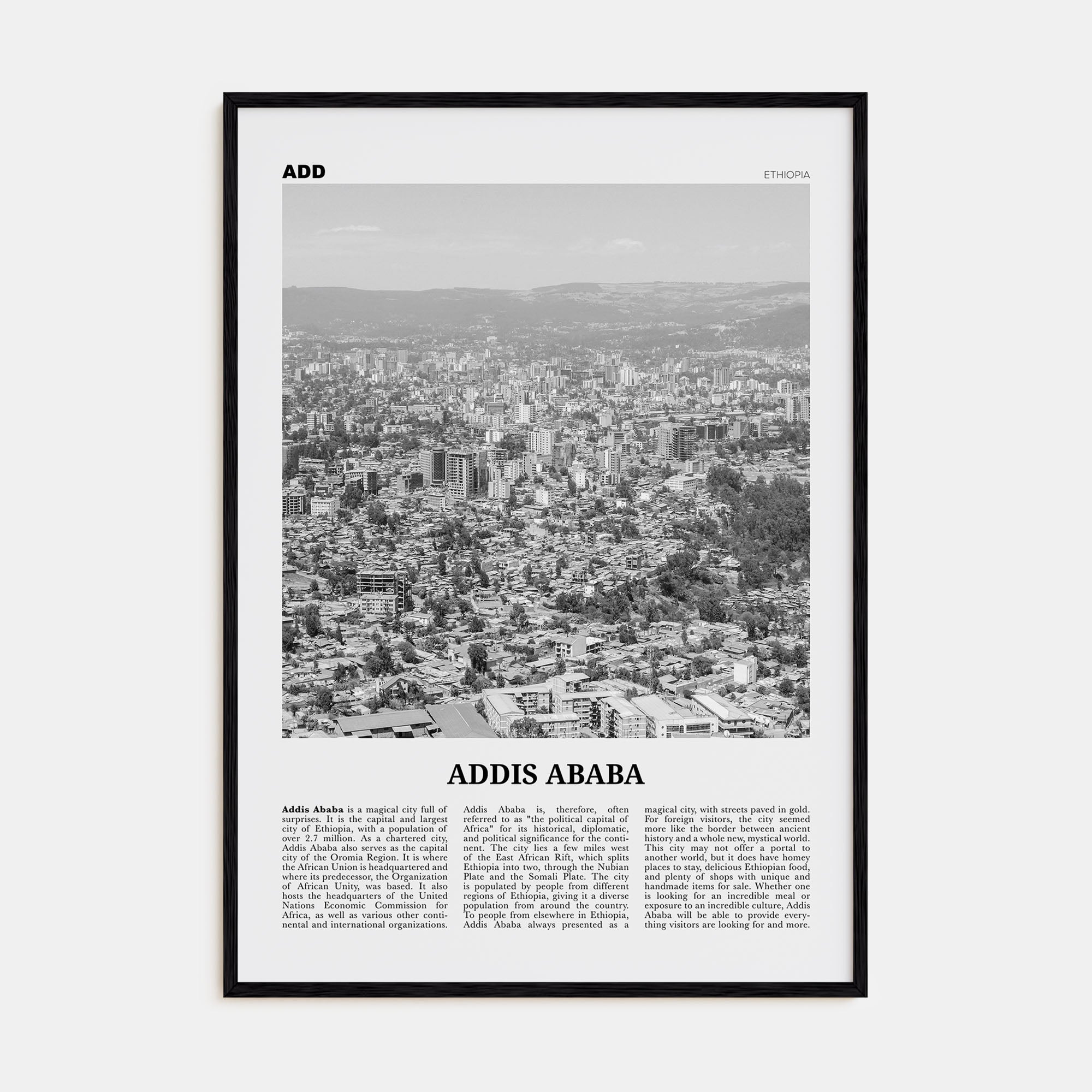 Addis Ababa Travel B&W Poster