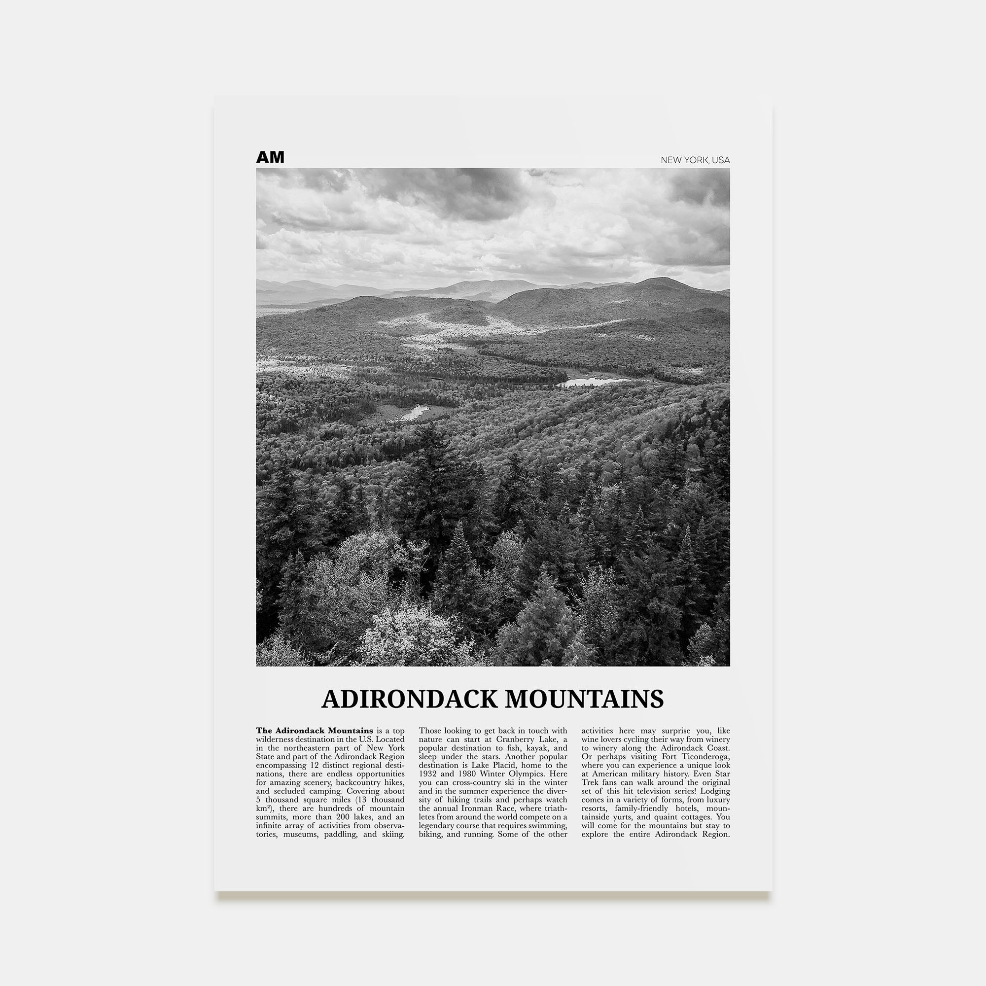 Adirondack Mountains Travel B&W Poster