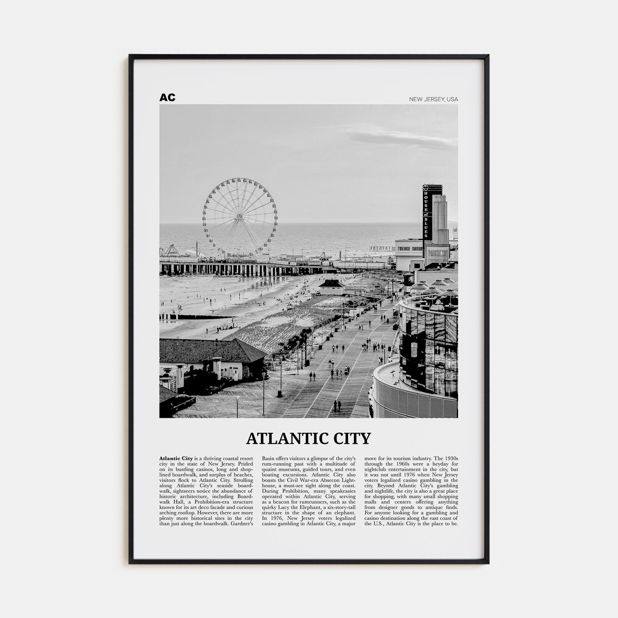 Atlantic City Travel B&W Poster