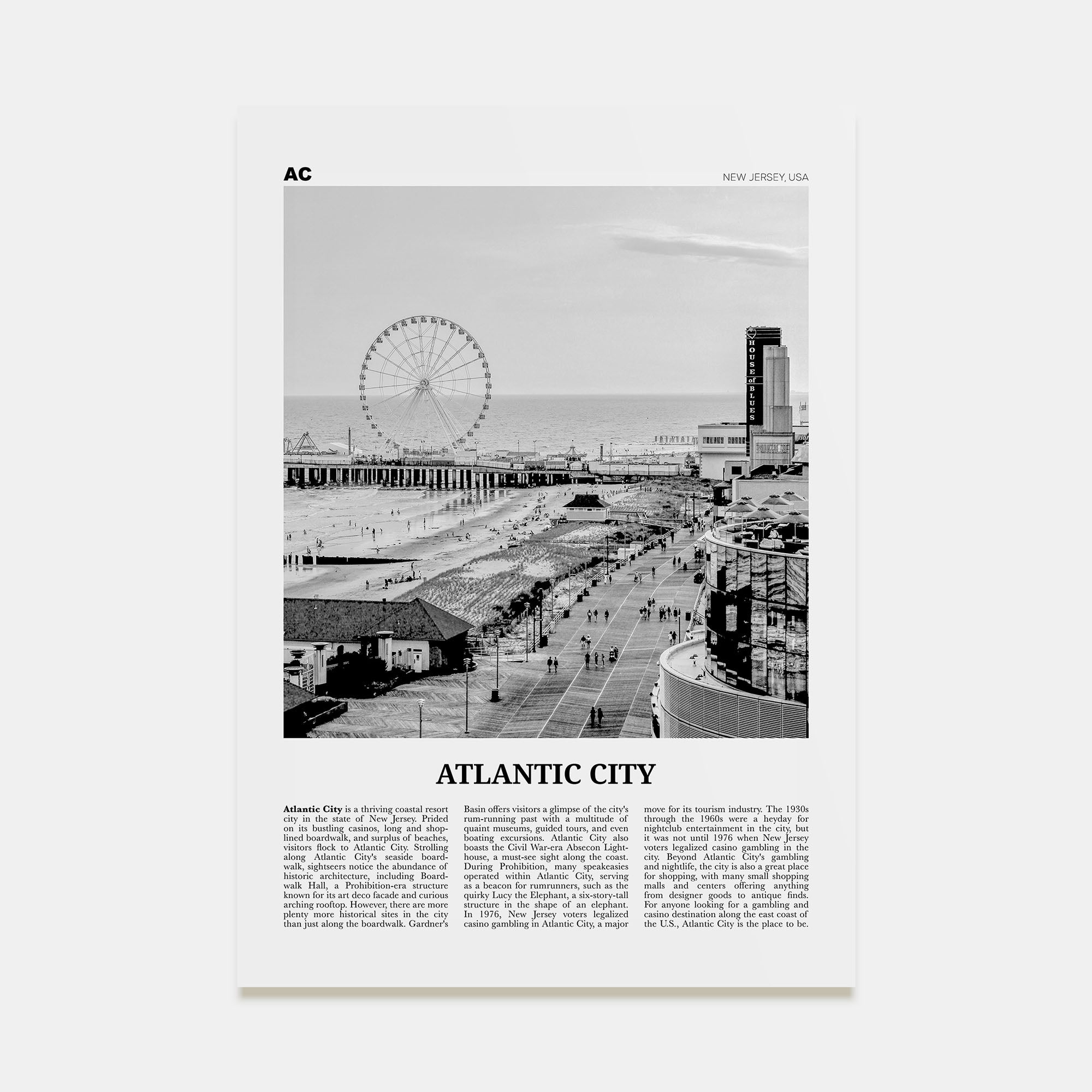 Atlantic City Travel B&W Poster