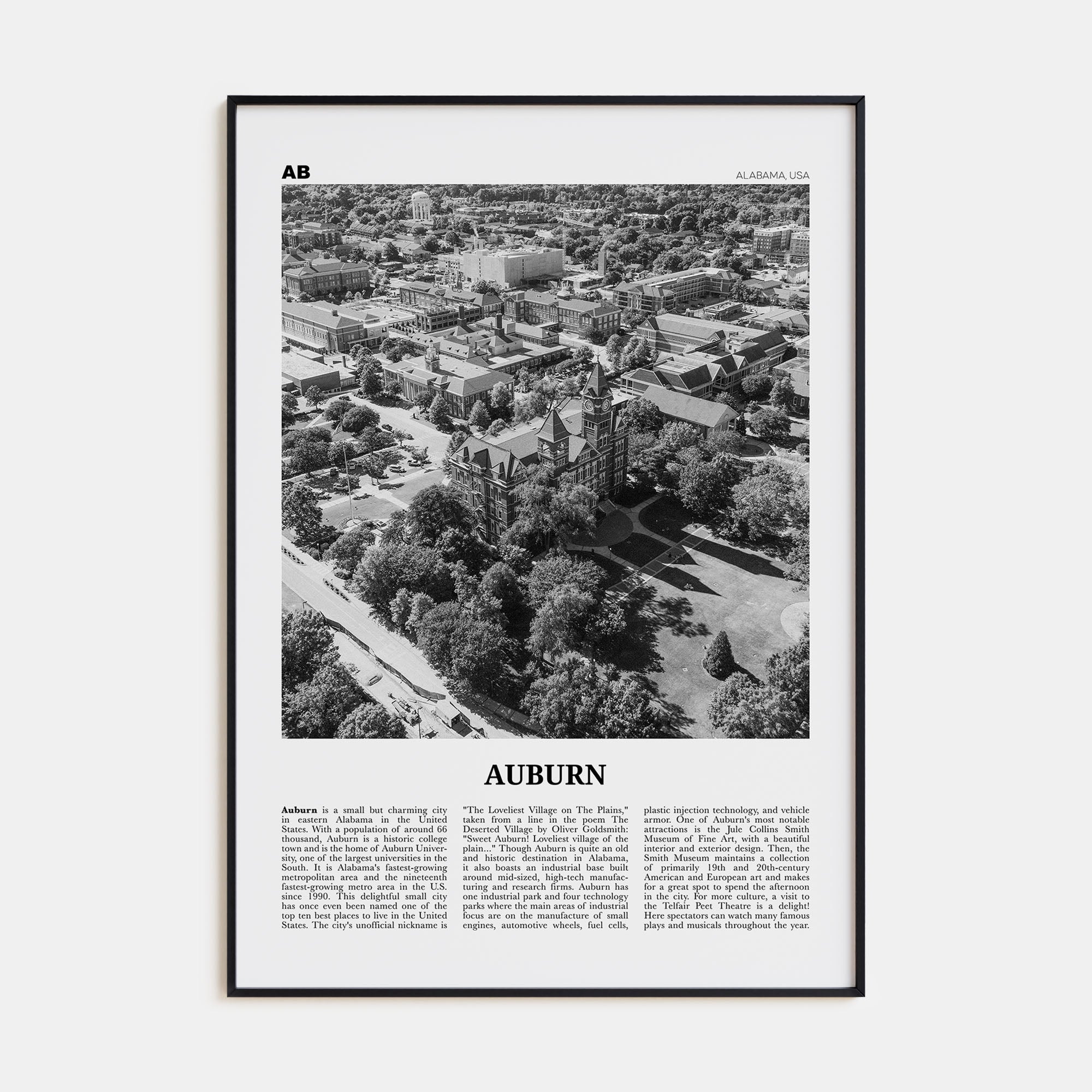 Auburn, Alabama Travel B&W Poster