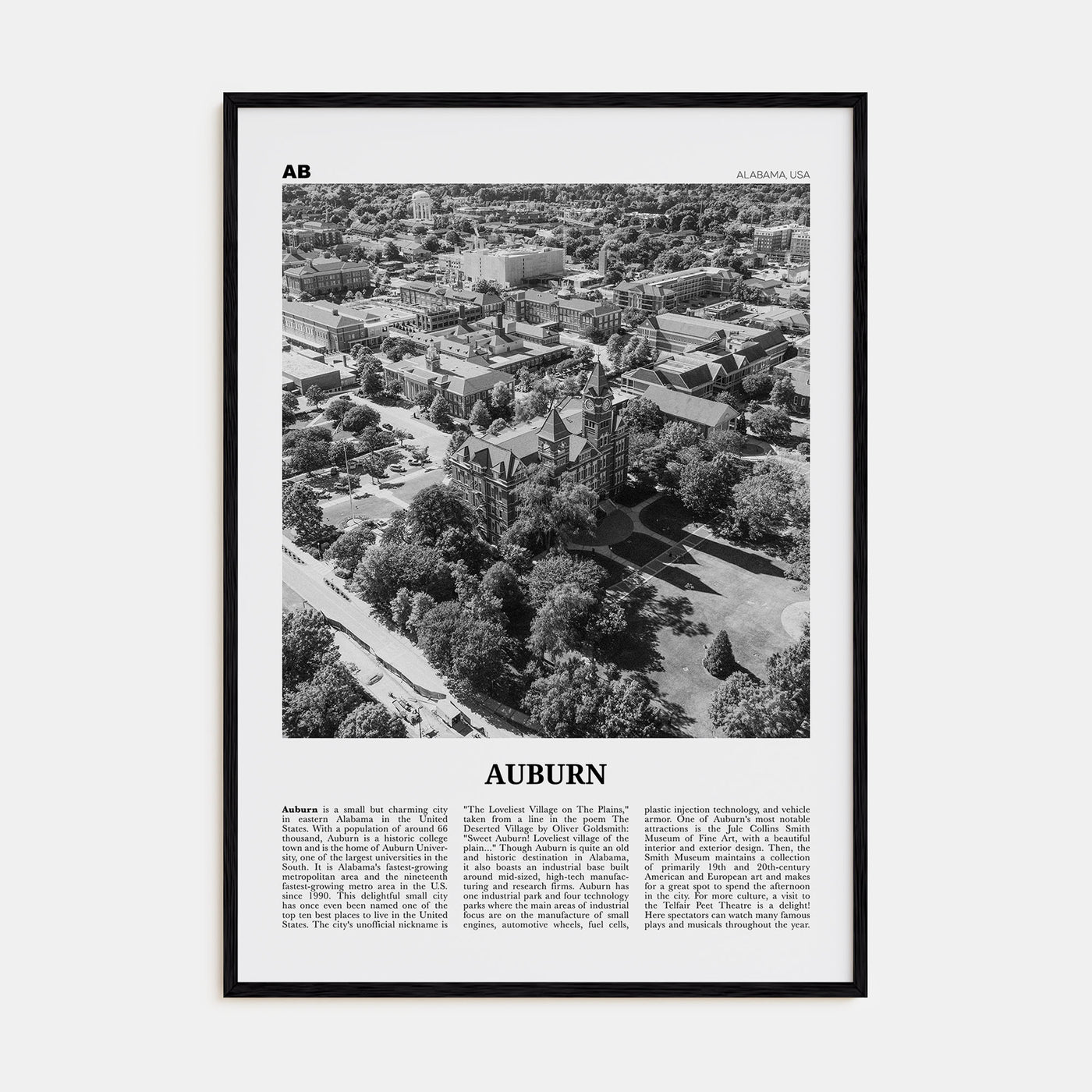Auburn, Alabama Travel B&W Poster