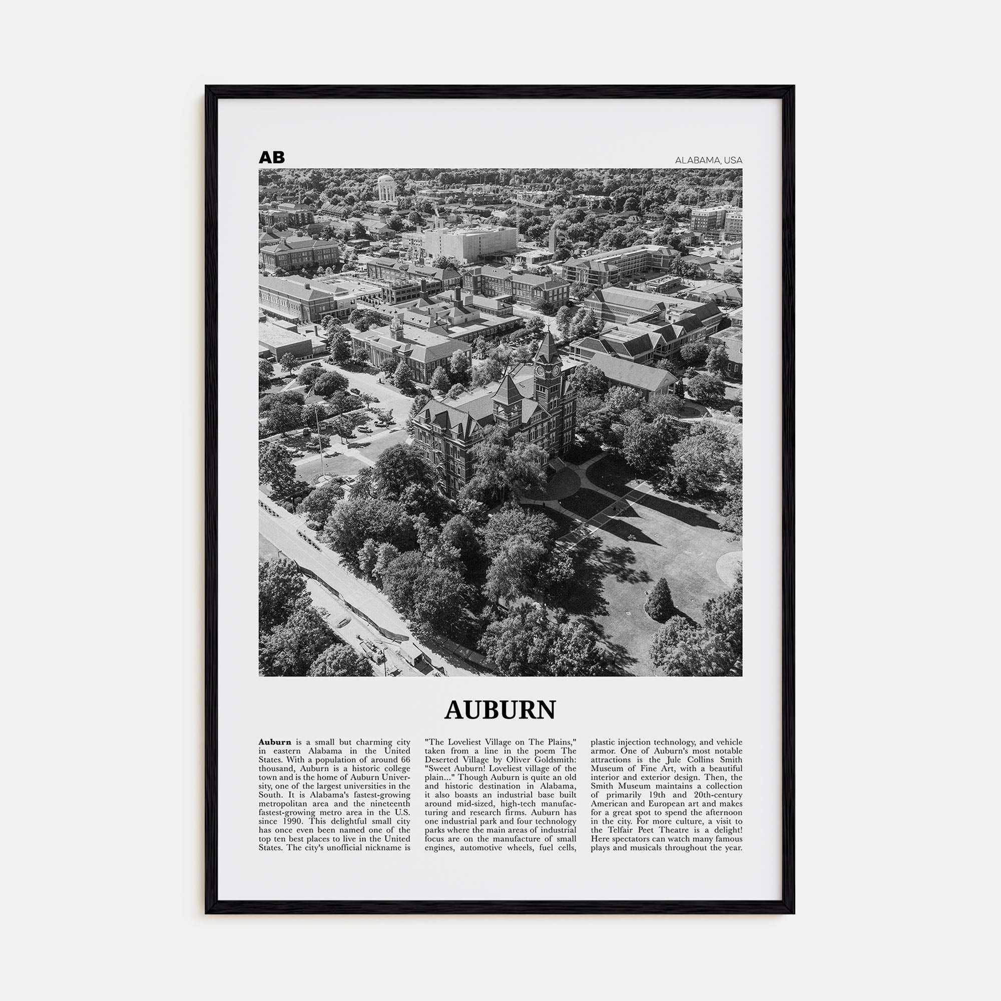 Auburn, Alabama Travel B&W Poster