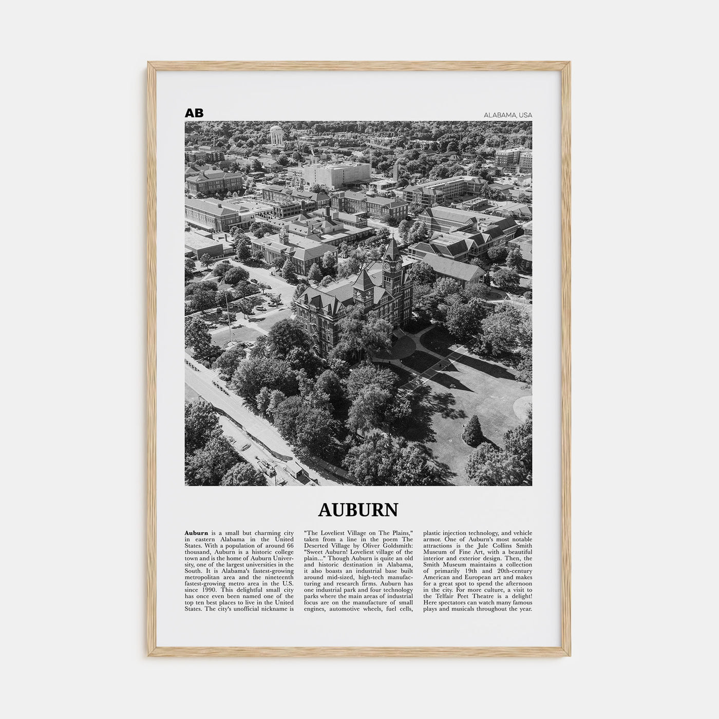 Auburn, Alabama Travel B&W Poster