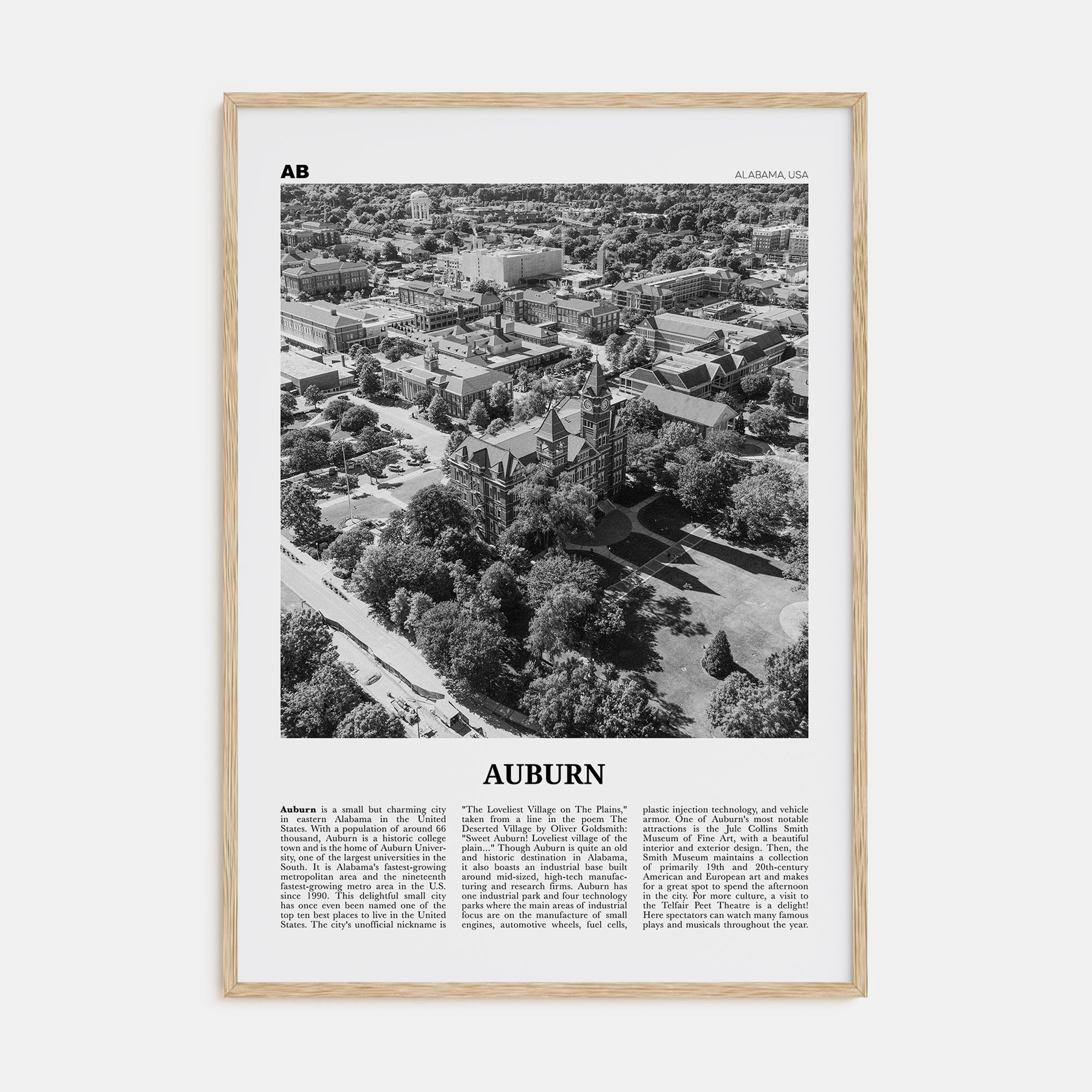 Auburn, Alabama Travel B&W Poster