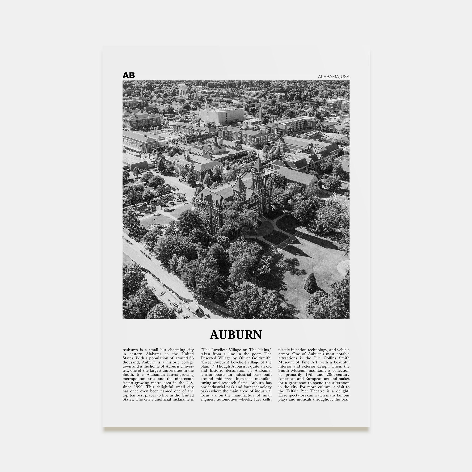 Auburn, Alabama Travel B&W Poster
