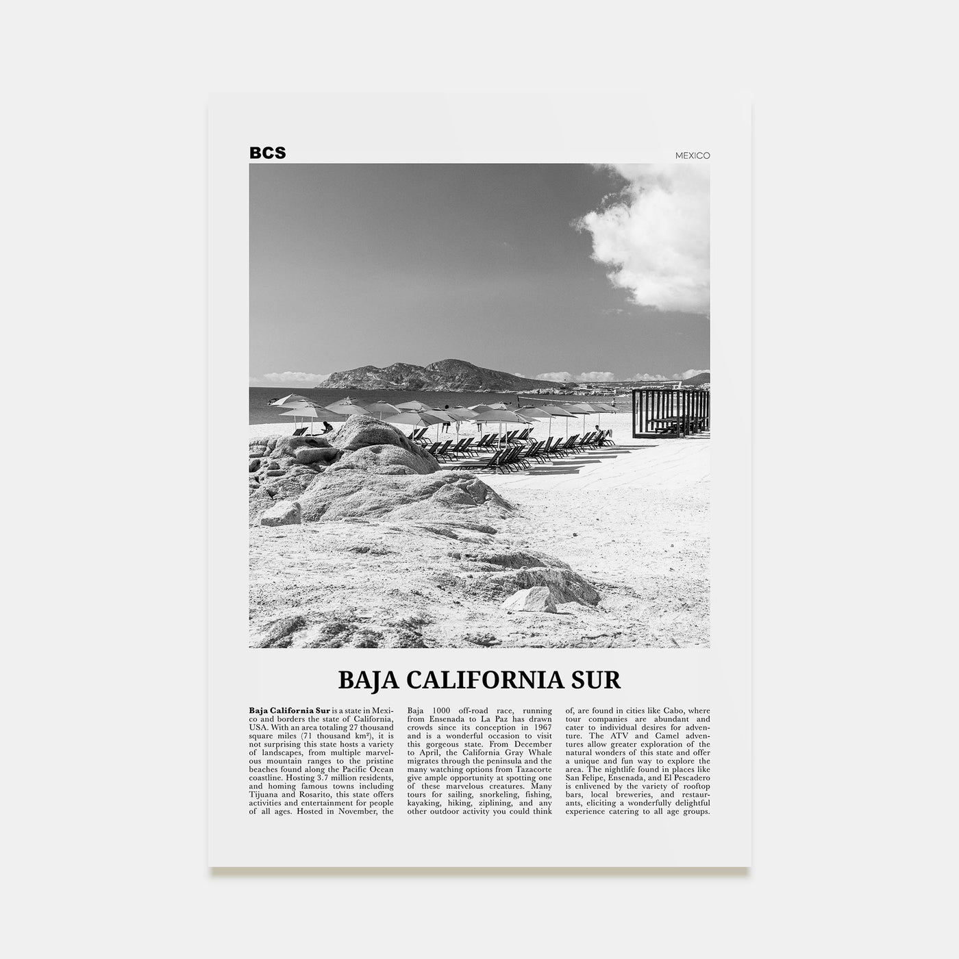 Baja California Sur Travel B&W Poster