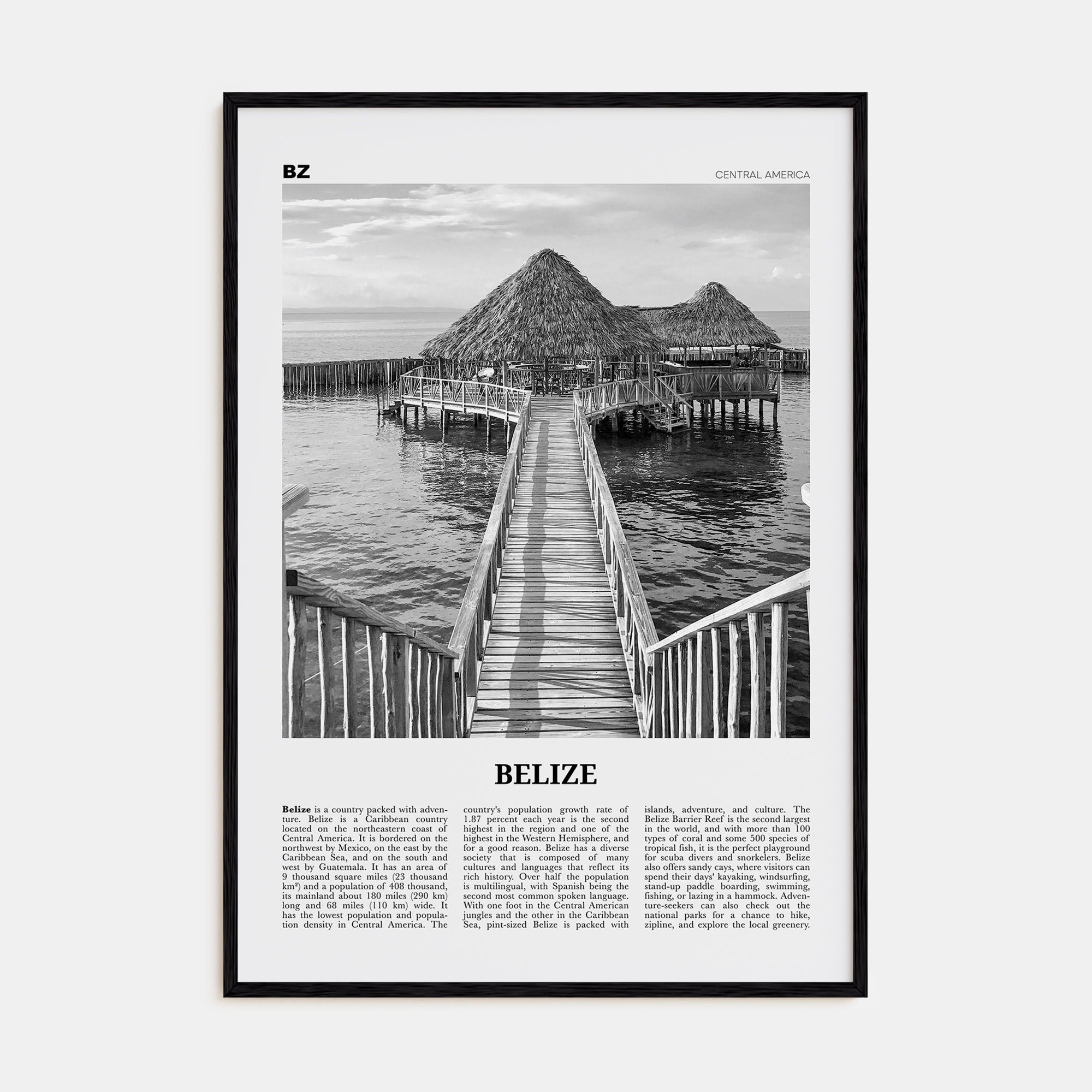 Belize Travel B&W Poster