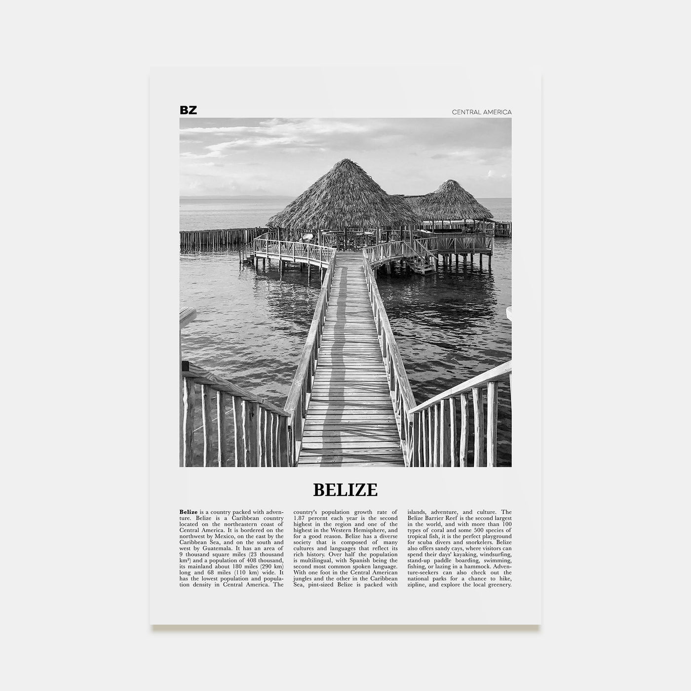 Belize Travel B&W Poster