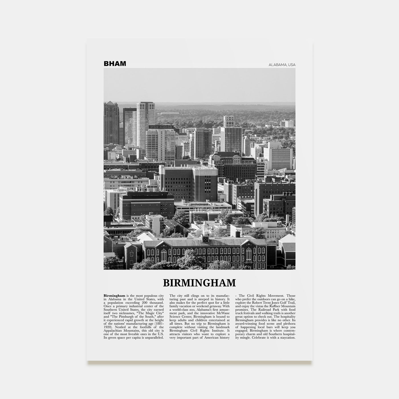 Birmingham, Alabama Travel B&W Poster