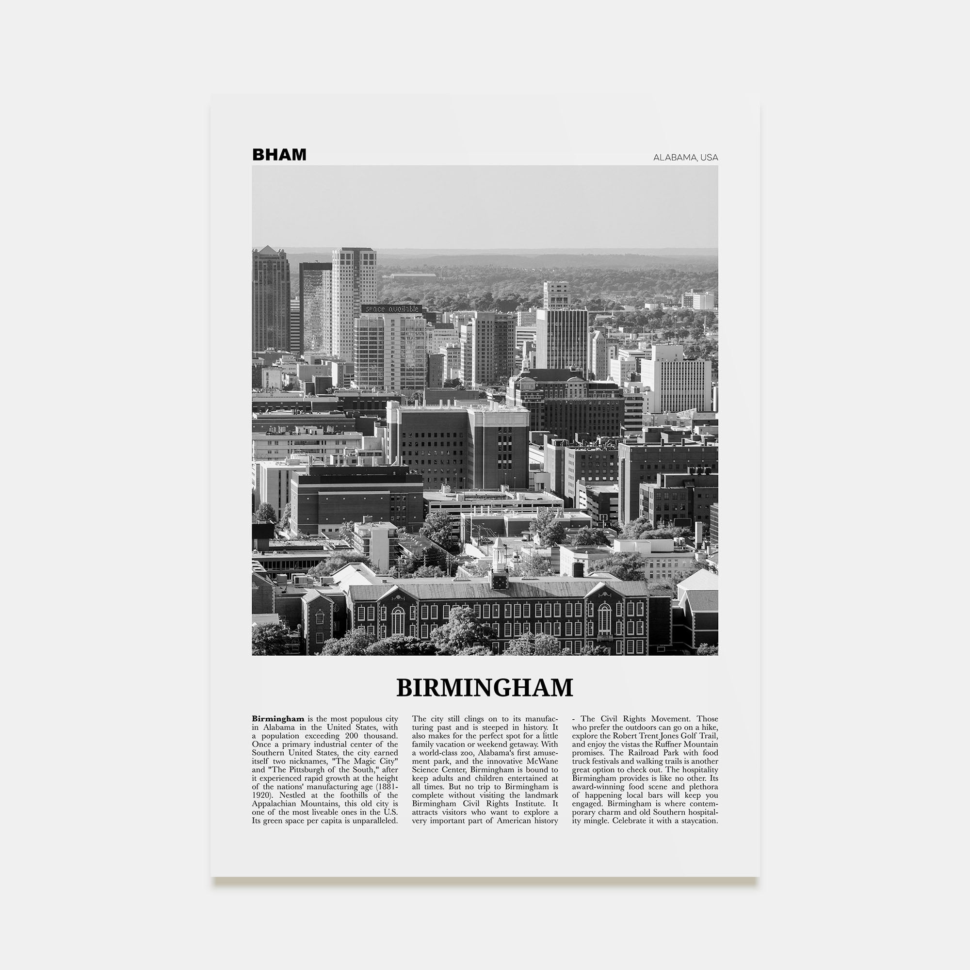 Birmingham, Alabama Travel B&W Poster