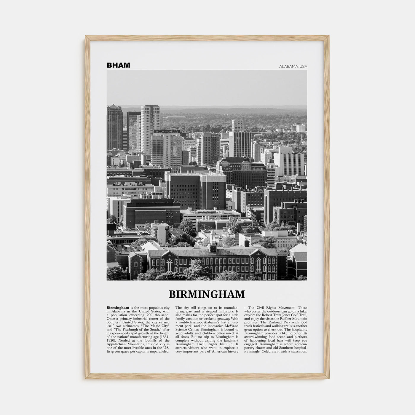 Birmingham, Alabama Travel B&W Poster