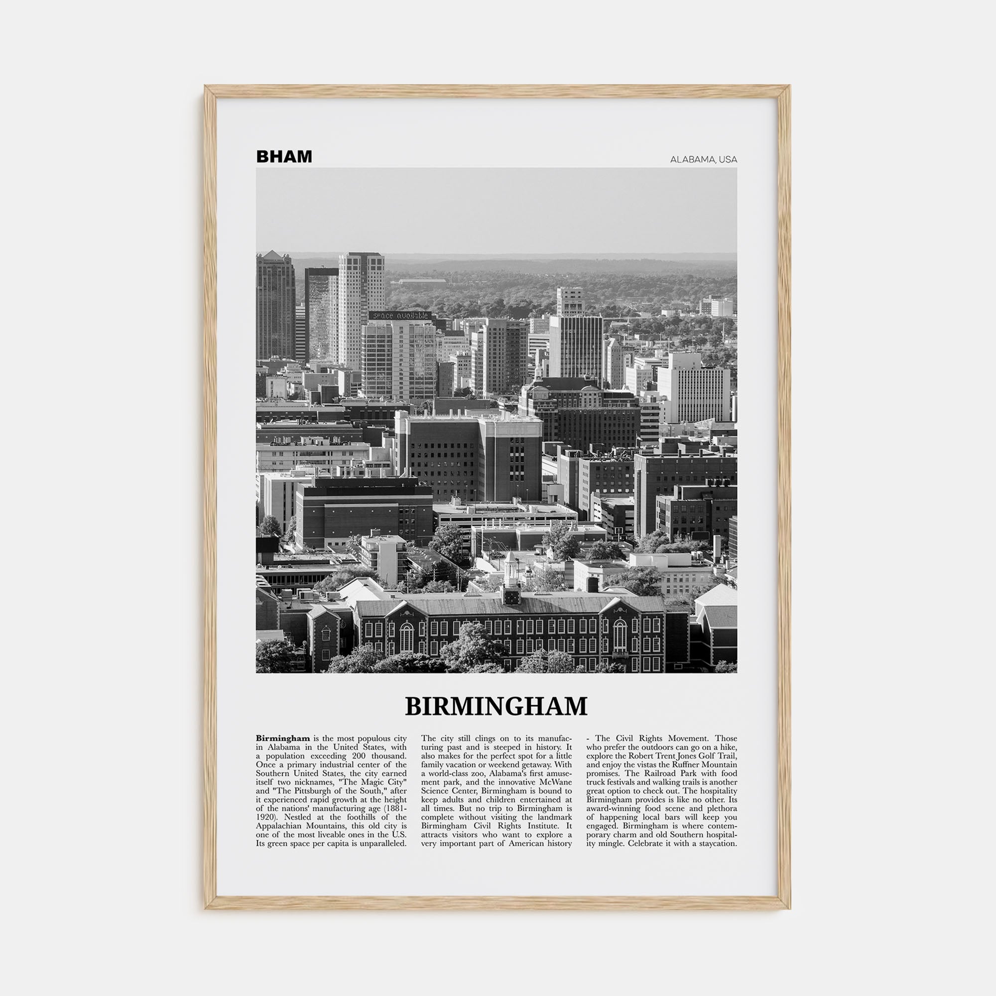 Birmingham, Alabama Travel B&W Poster