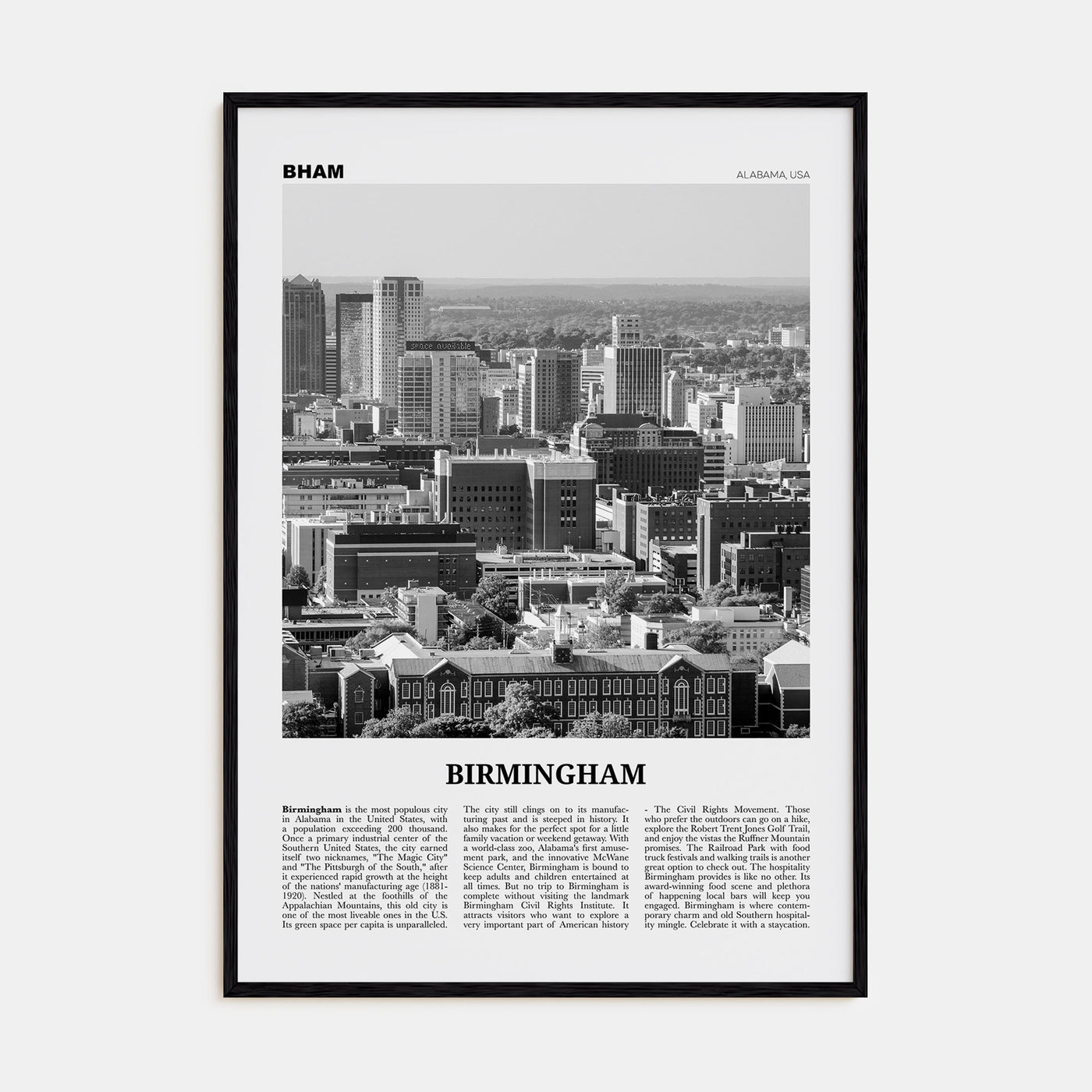 Birmingham, Alabama Travel B&W Poster