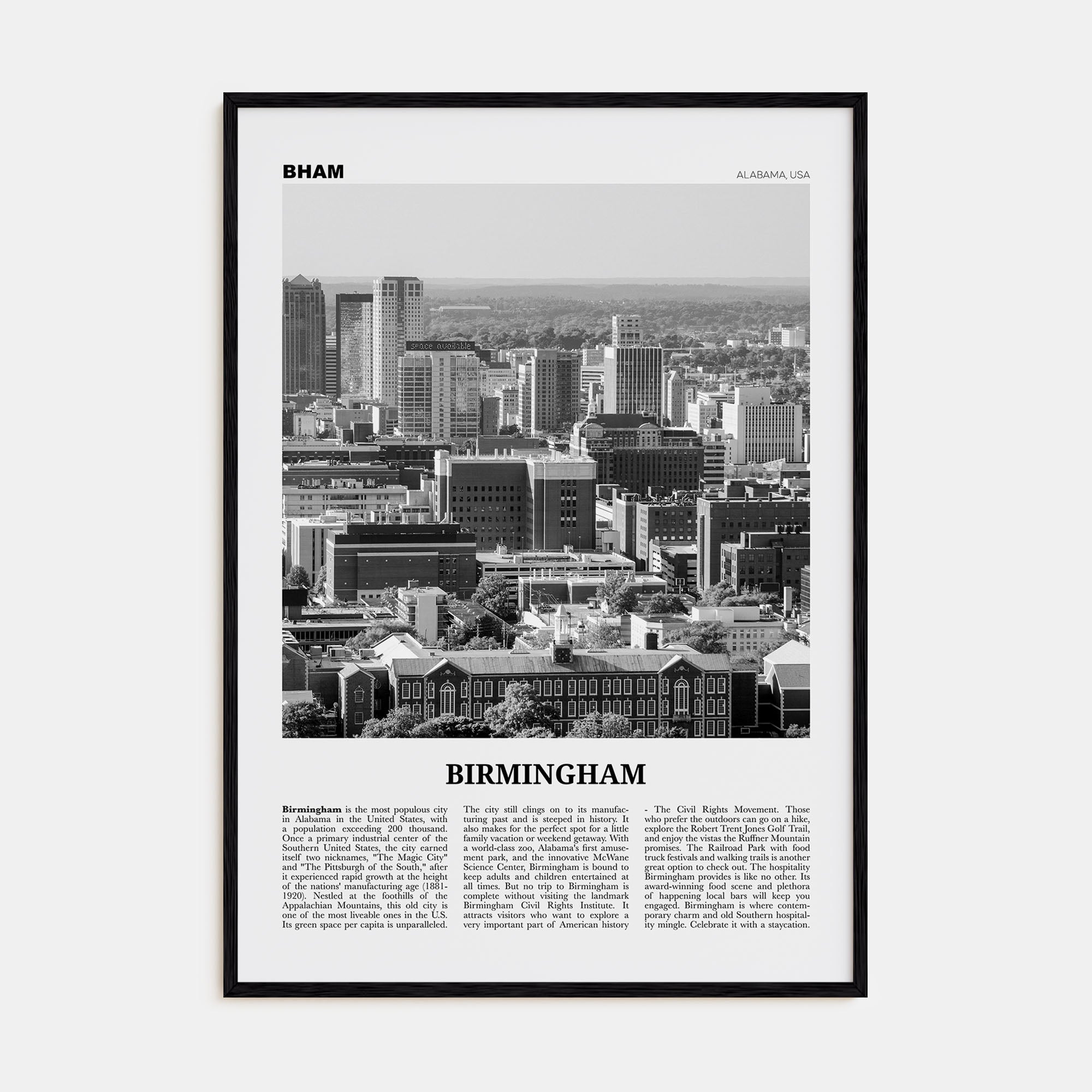 Birmingham, Alabama Travel B&W Poster