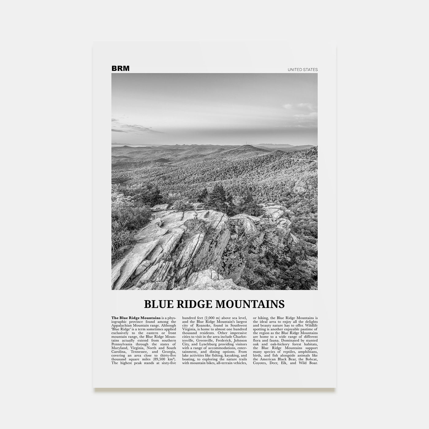 Blue Ridge Mountains Travel B&W Poster