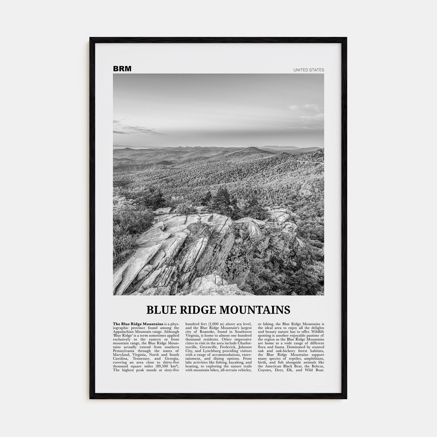 Blue Ridge Mountains Travel B&W Poster