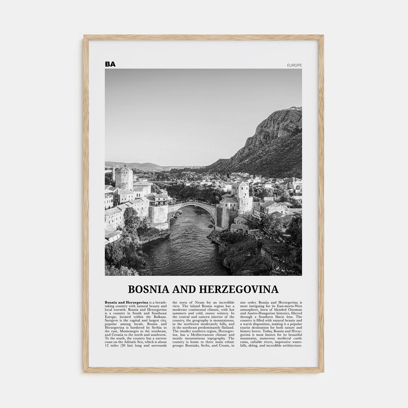 Bosnia and Herzegovina Travel B&W Poster