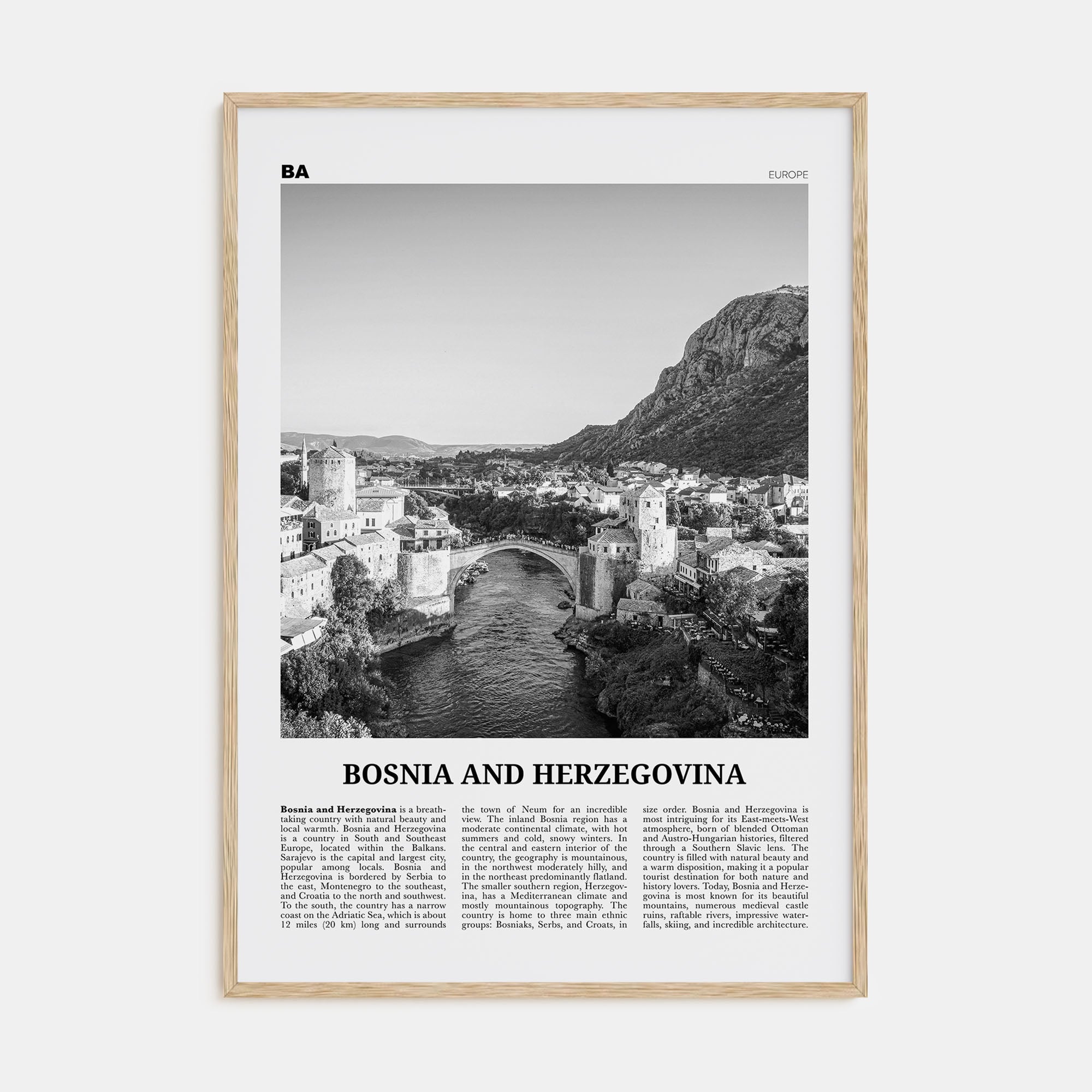 Bosnia and Herzegovina Travel B&W Poster