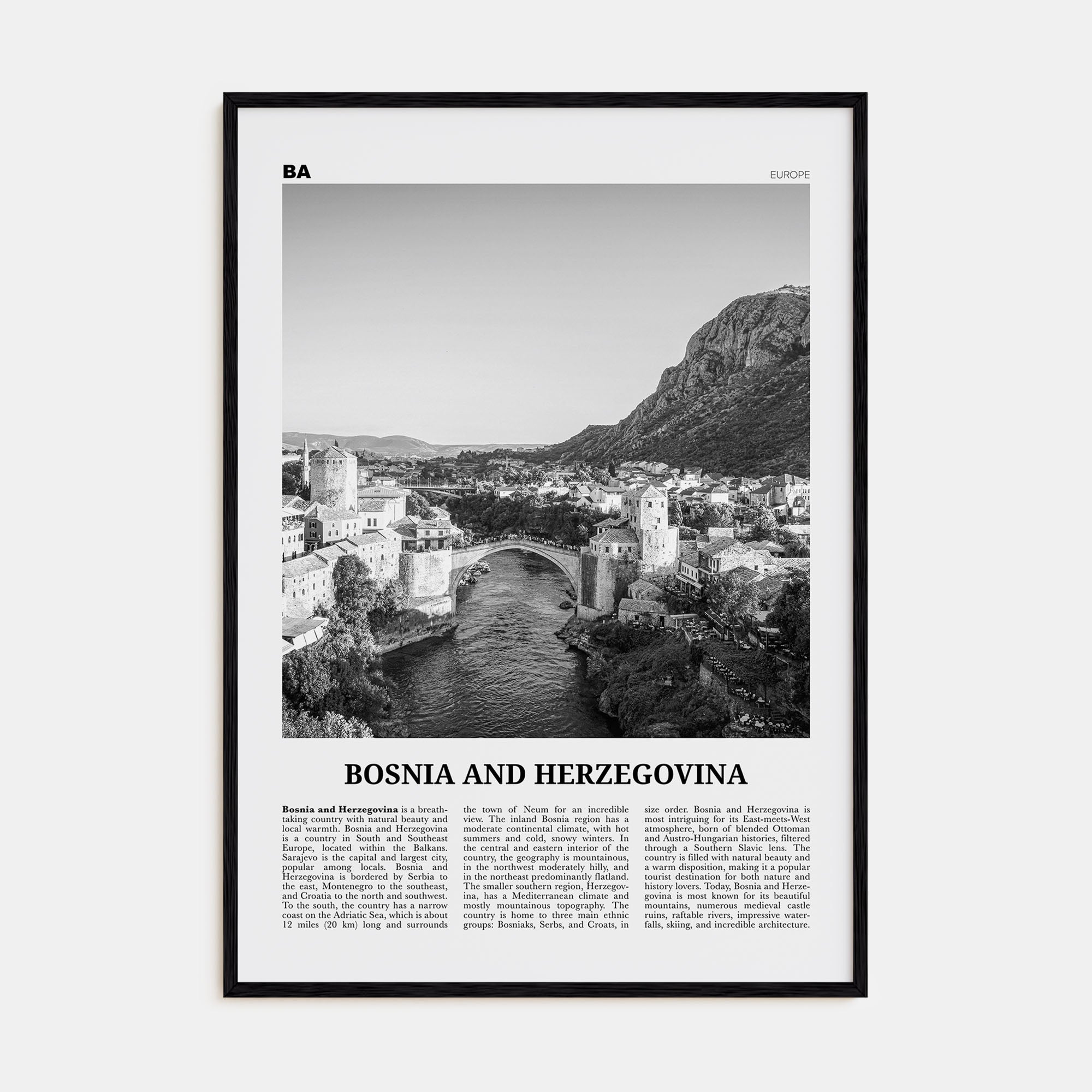 Bosnia and Herzegovina Travel B&W Poster