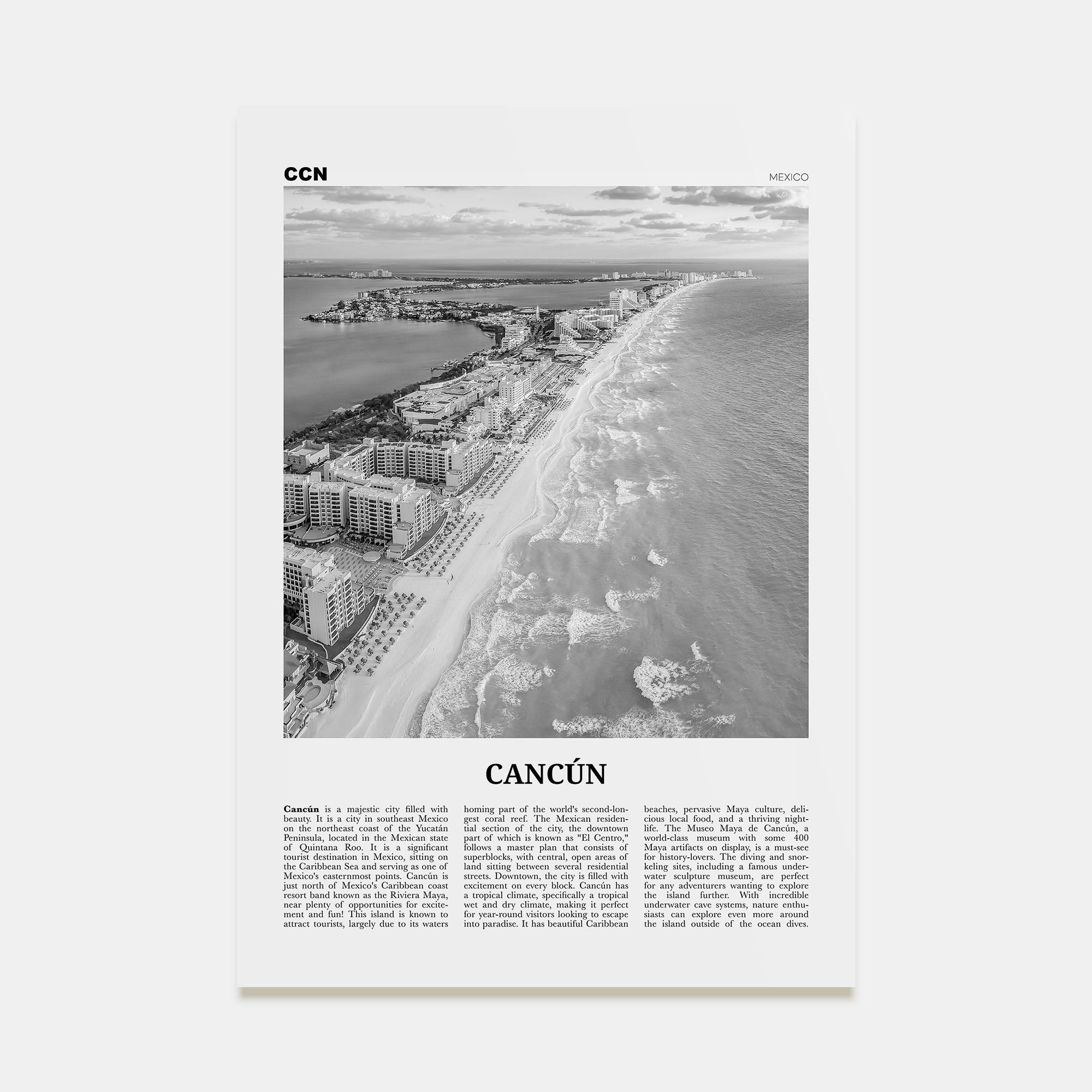 Cancún Travel B&W Poster