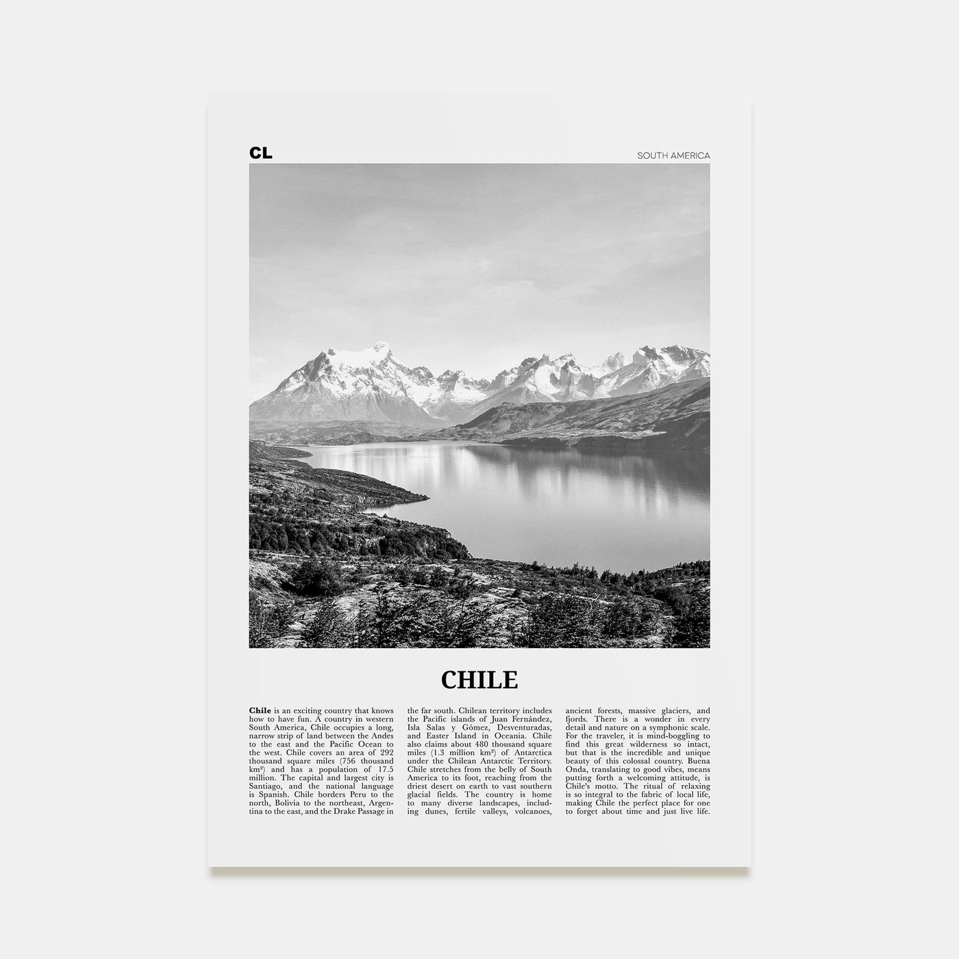 Chile Travel B&W No 1 Poster