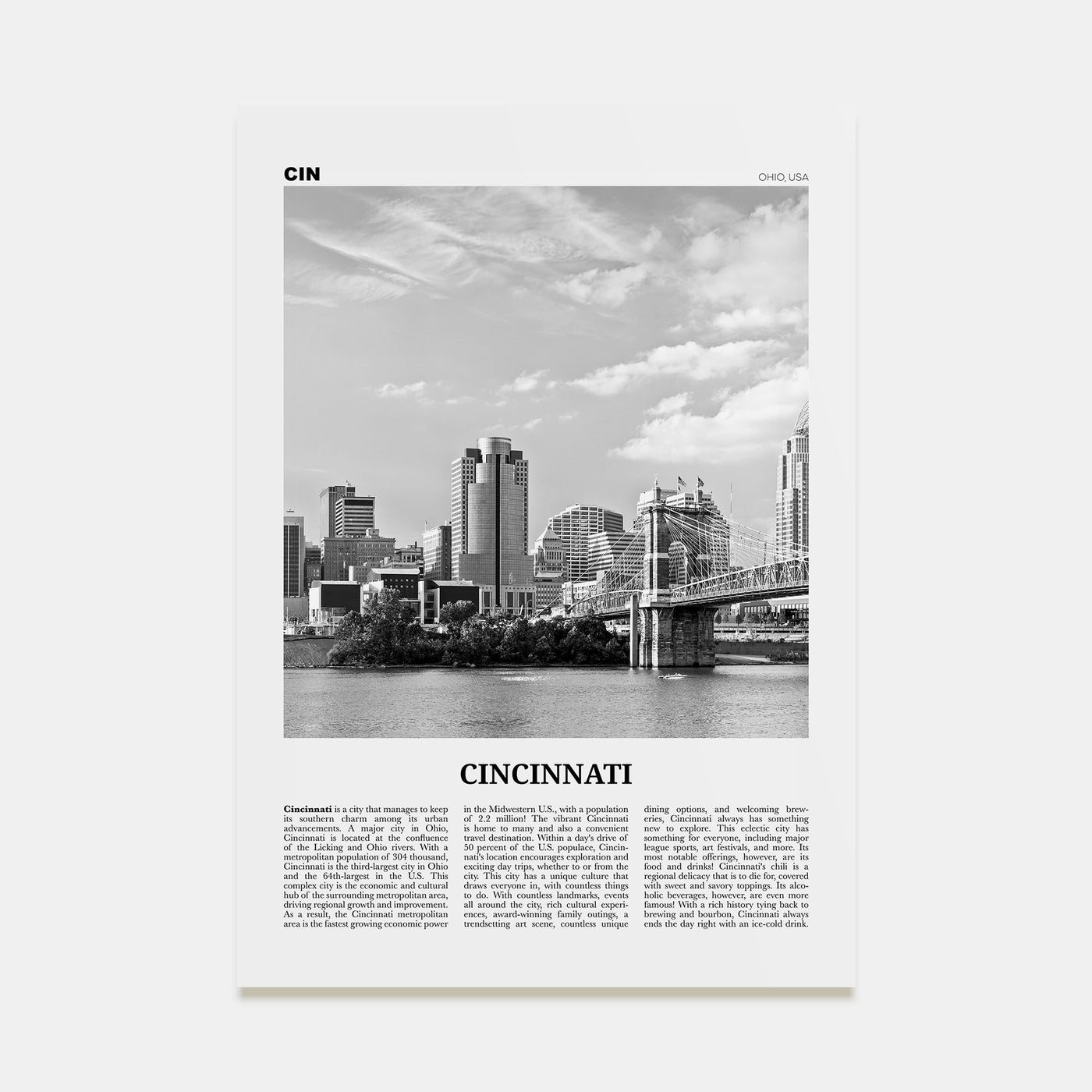 Cincinnati Travel B&W No 1 Poster