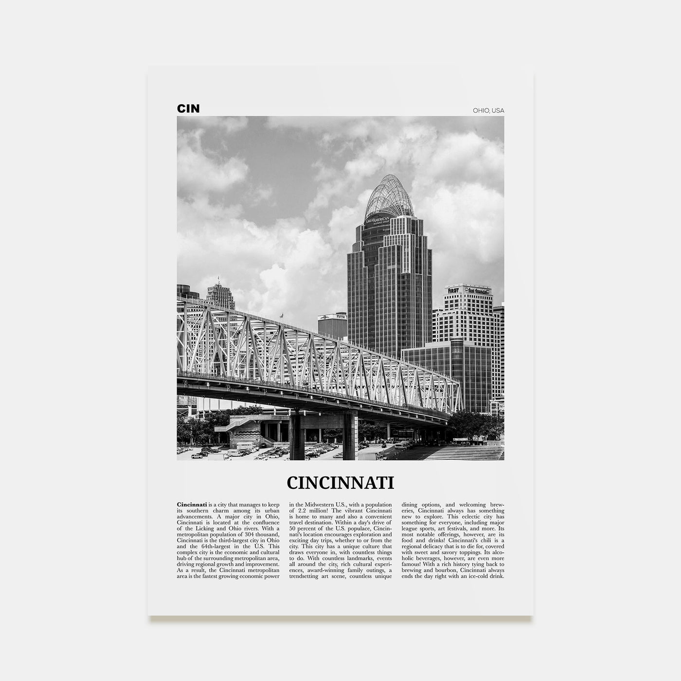 Cincinnati Travel B&W No 2 Poster