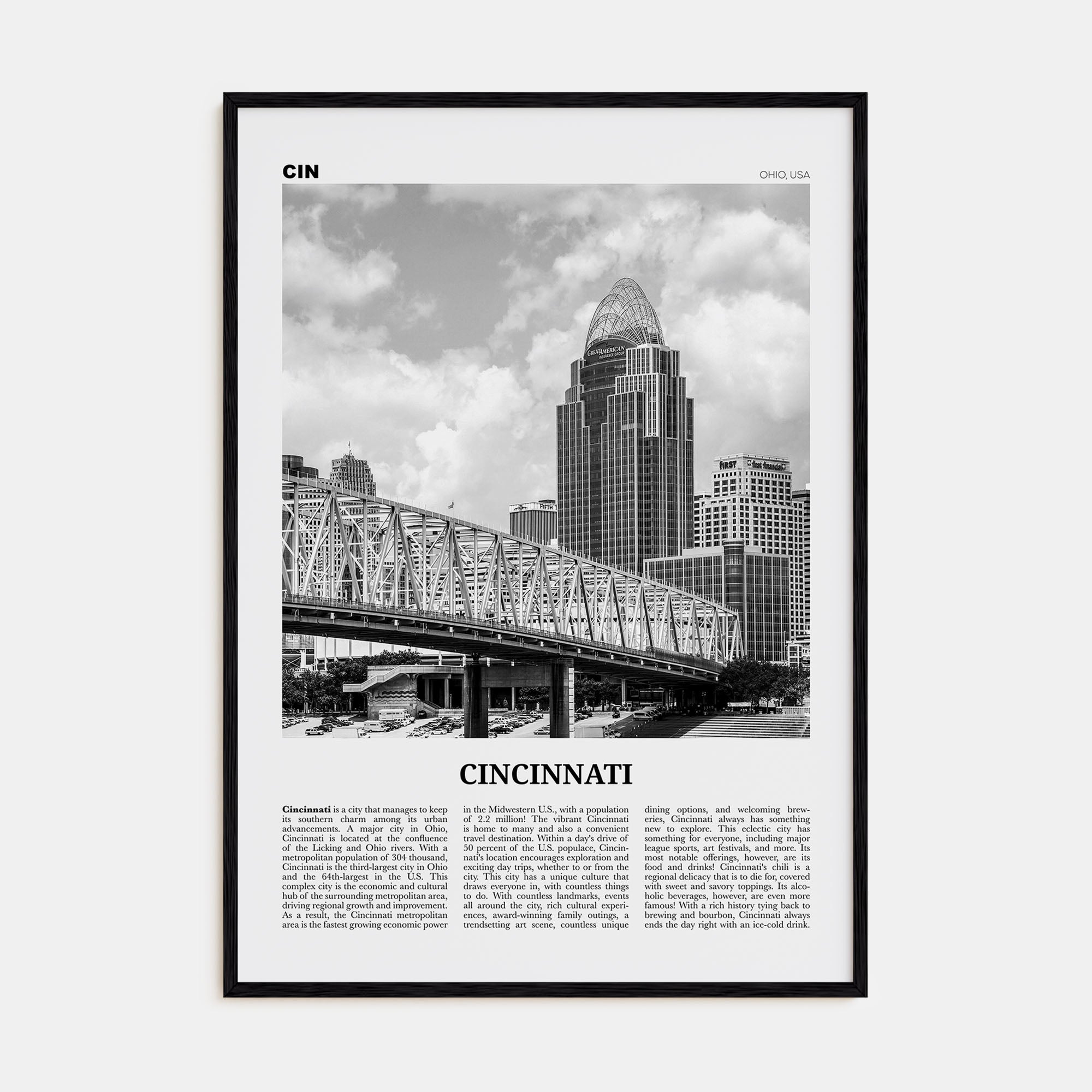 Cincinnati Travel B&W No 2 Poster