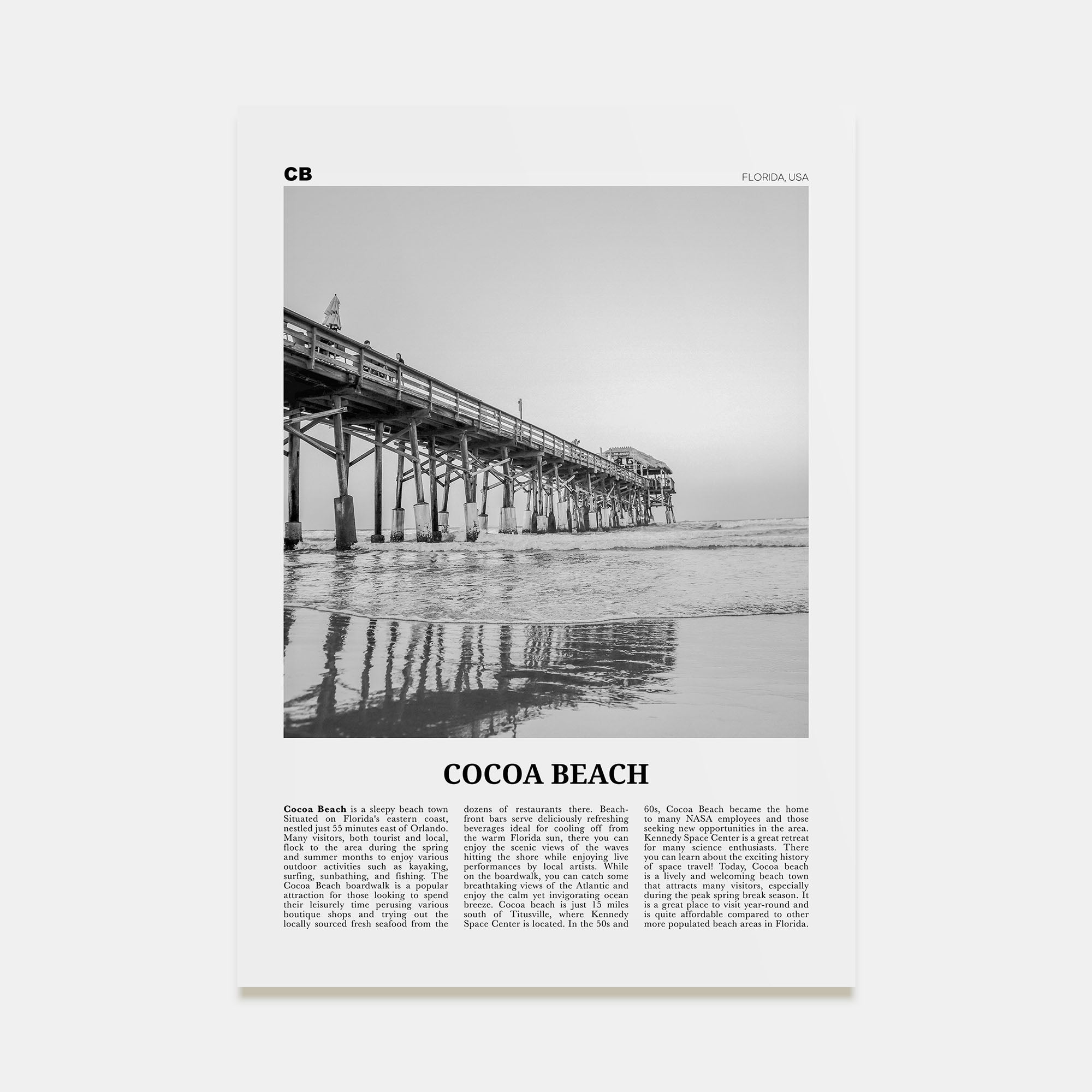 Cocoa Beach Travel B&W Poster