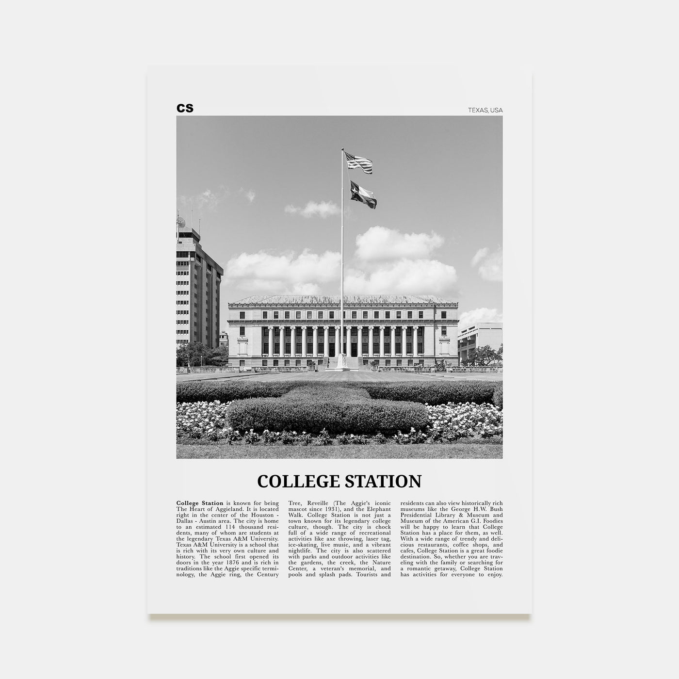 College Station Travel B&W Poster