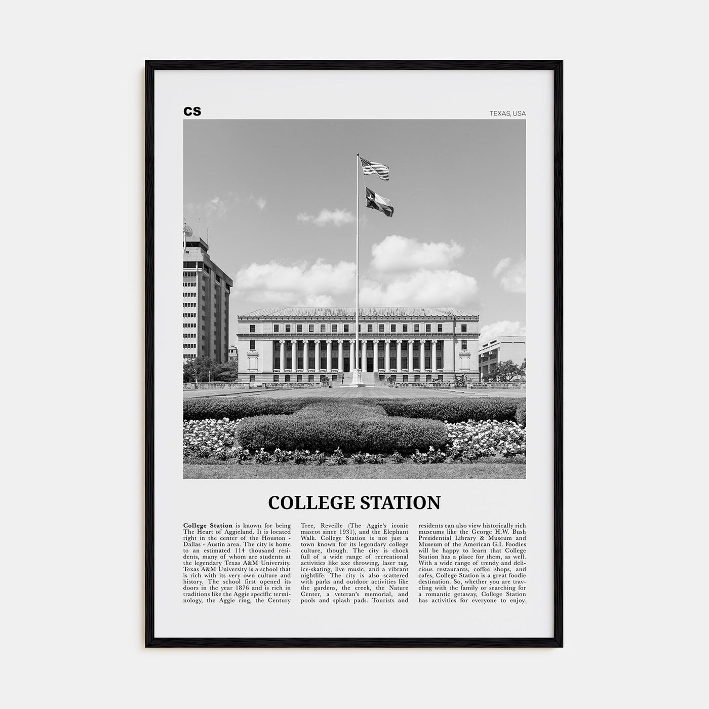 College Station Travel B&W Poster