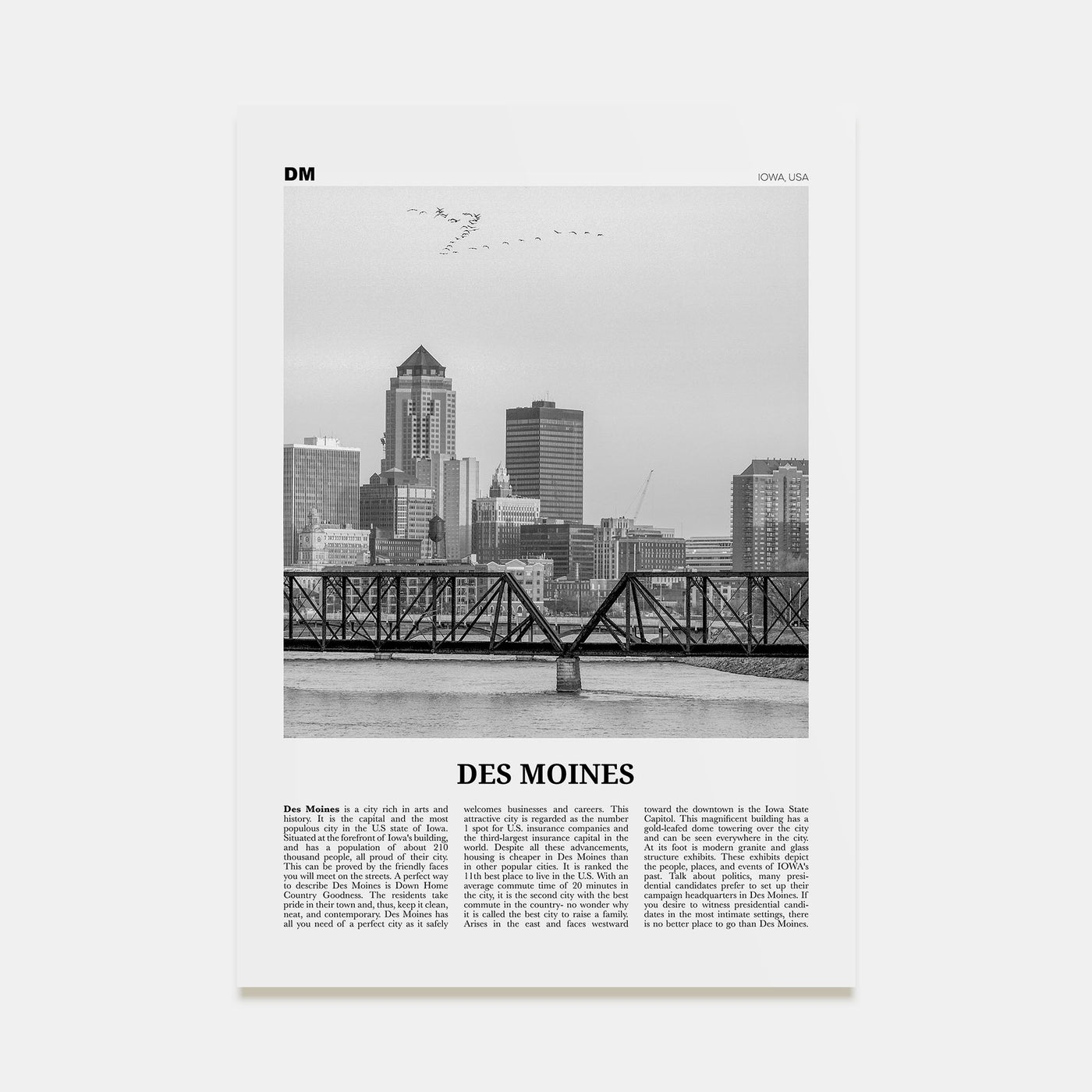 Des Moines Travel B&W No 1 Poster