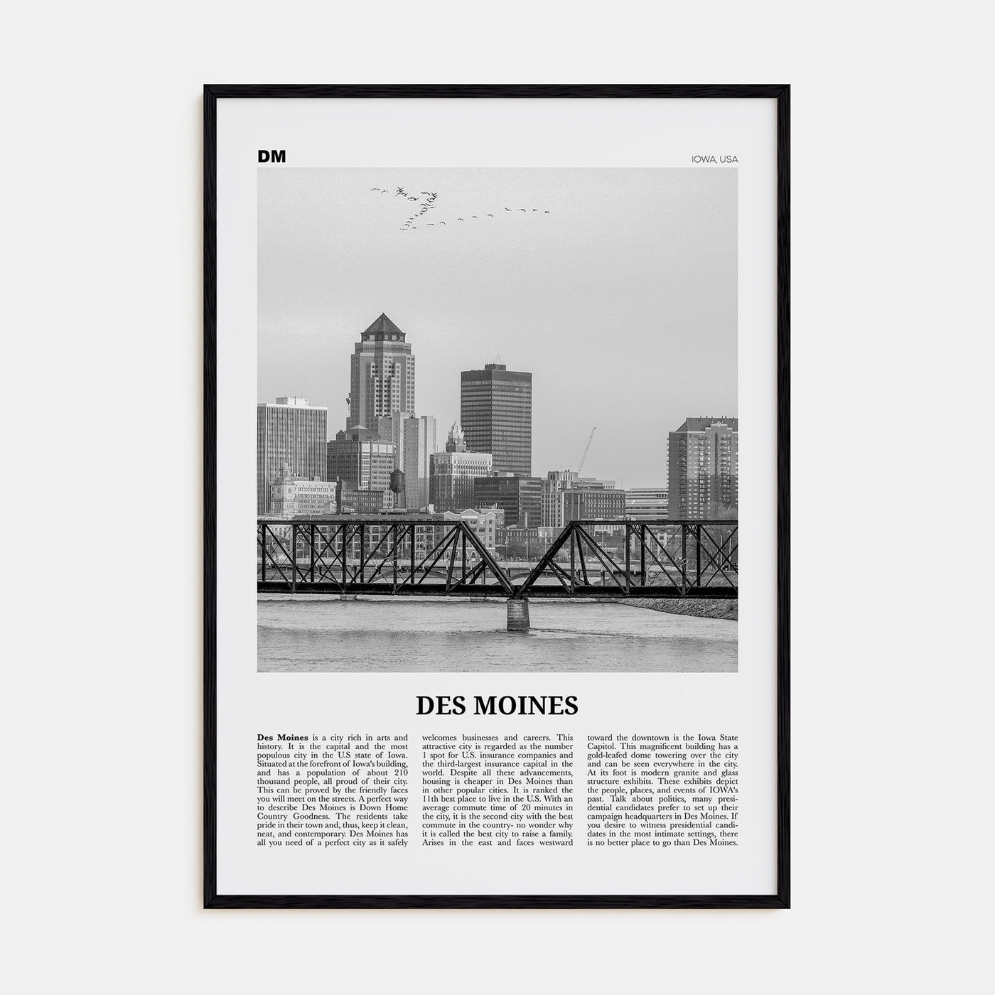Des Moines Travel B&W No 1 Poster