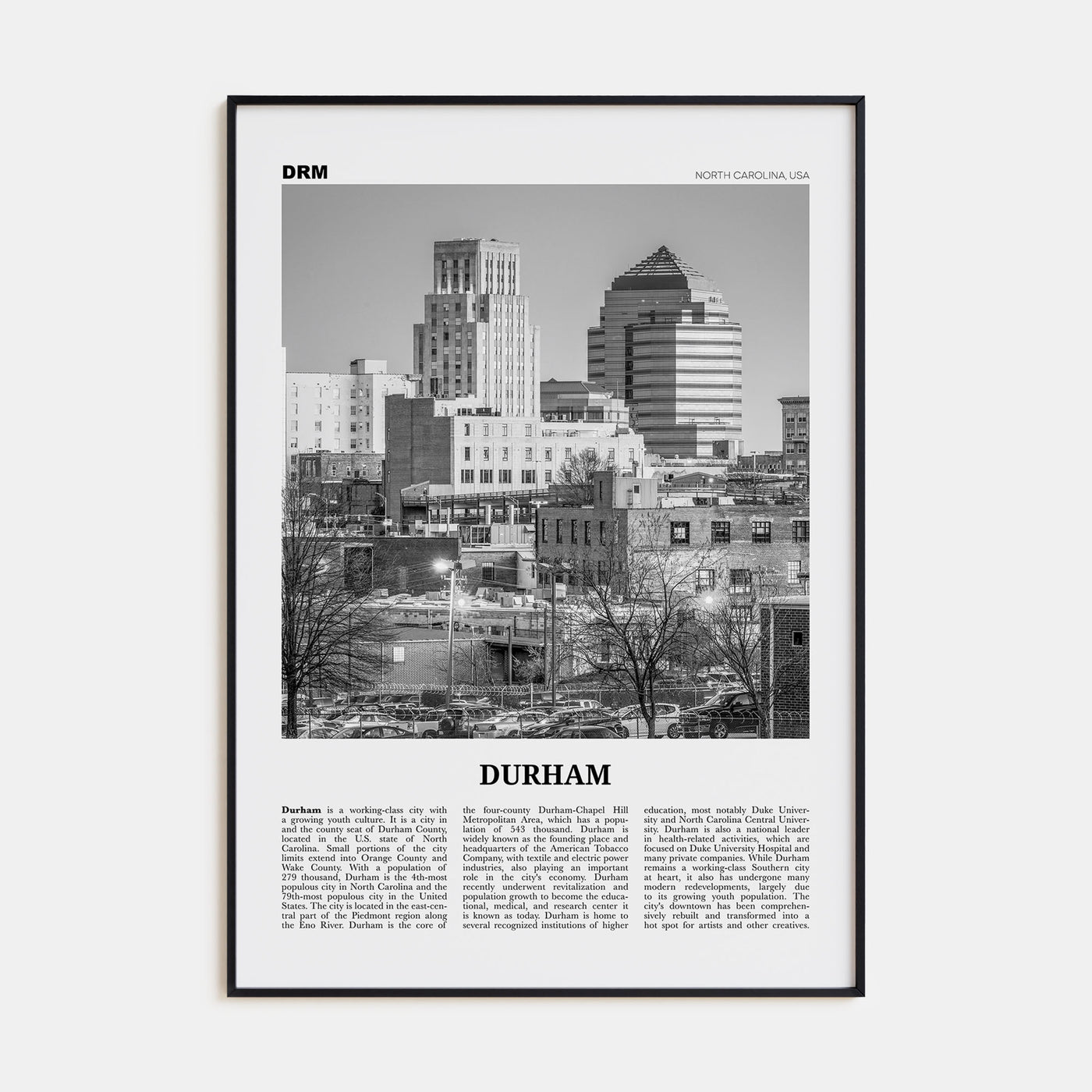 Durham, North Carolina Travel B&W Poster