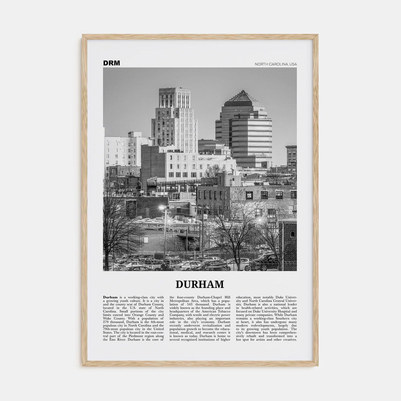Durham, North Carolina Travel B&W Poster