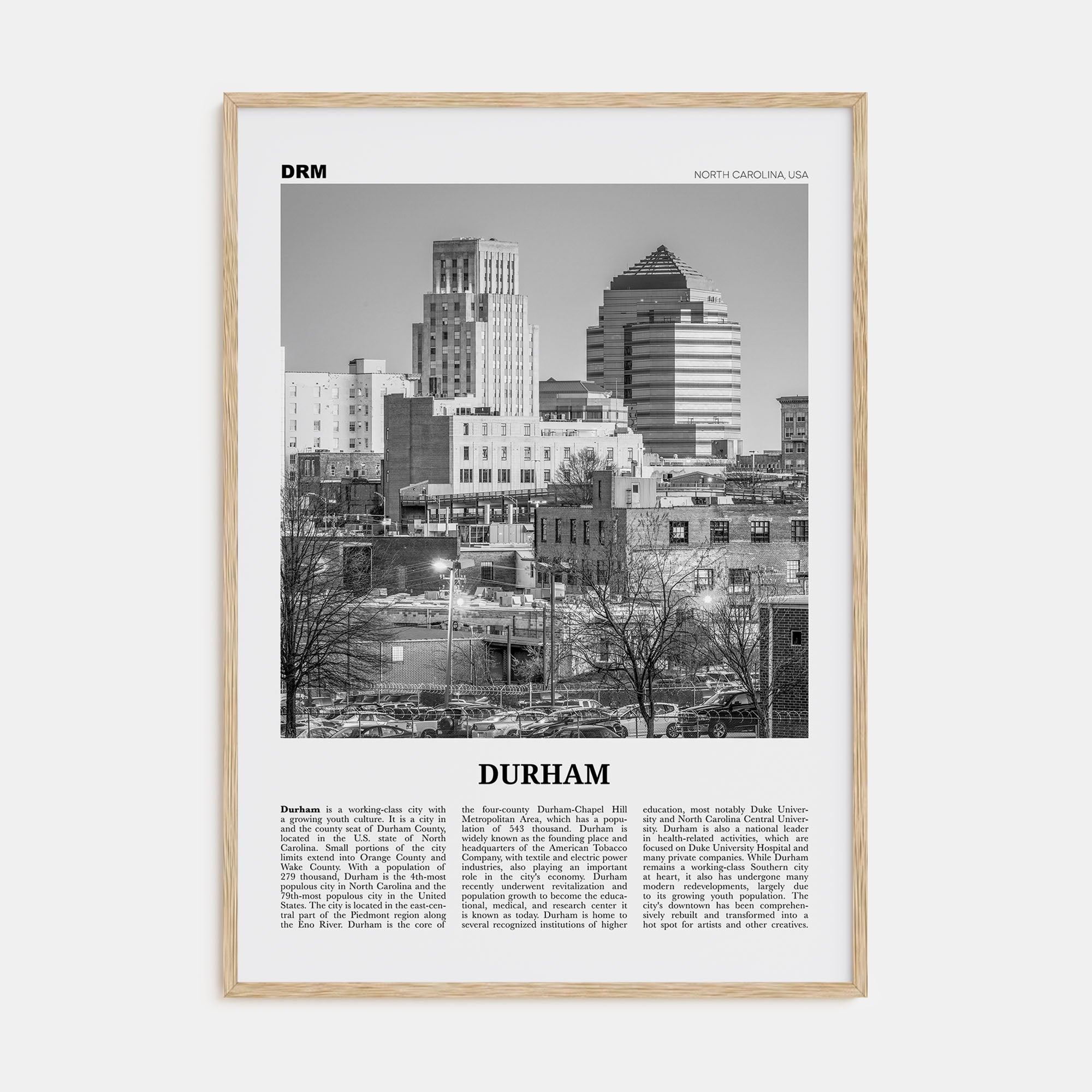 Durham, North Carolina Travel B&W Poster