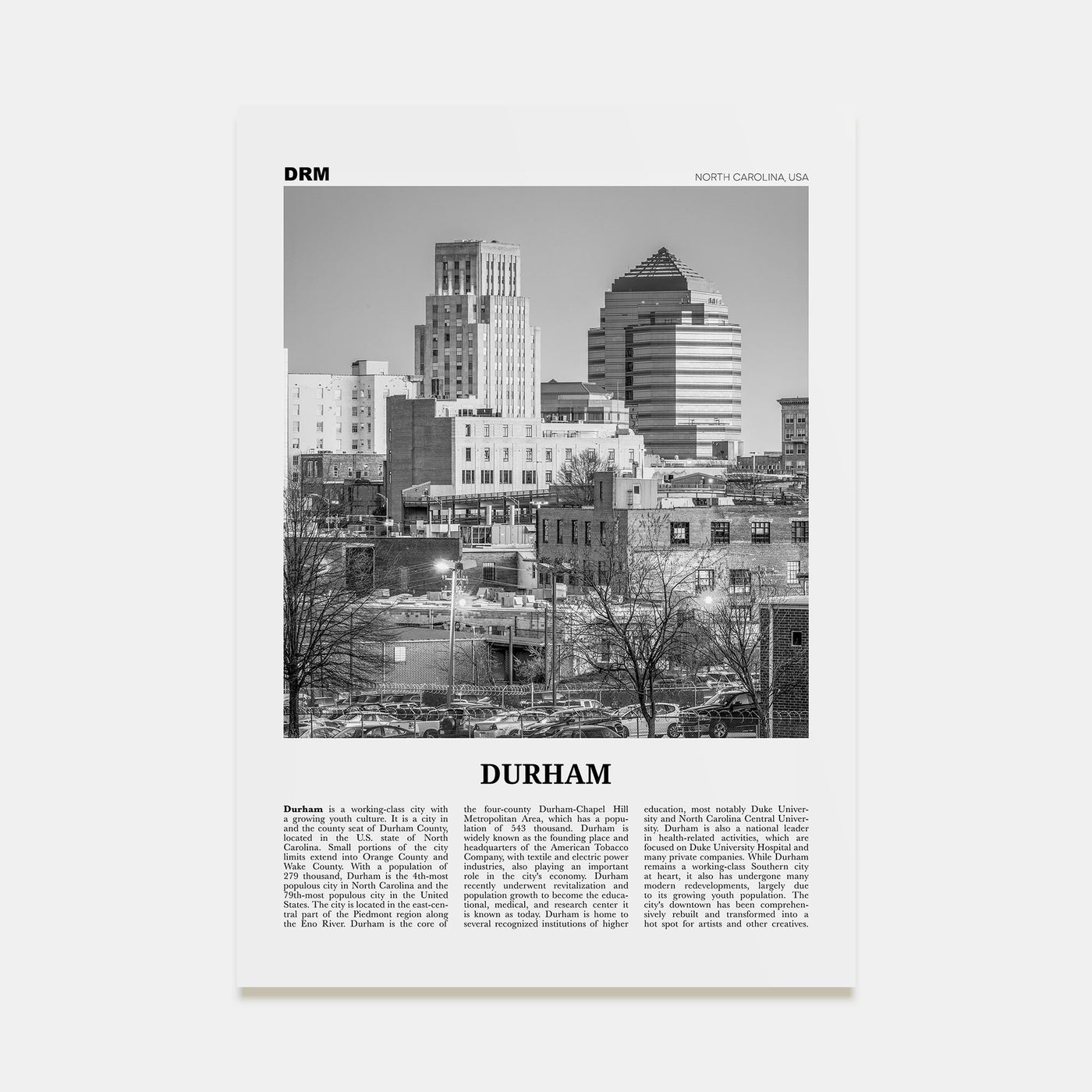 Durham, North Carolina Travel B&W Poster
