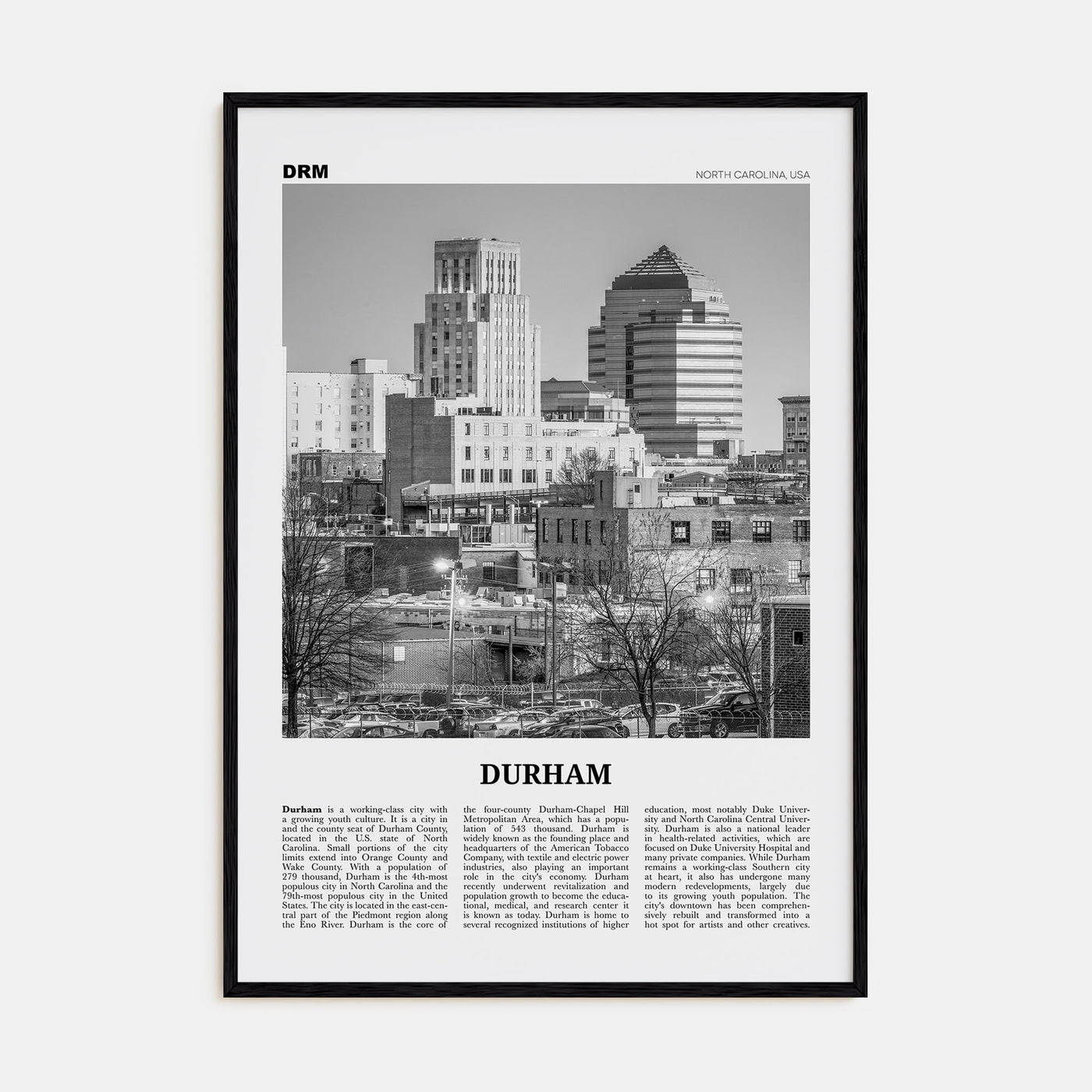 Durham, North Carolina Travel B&W Poster