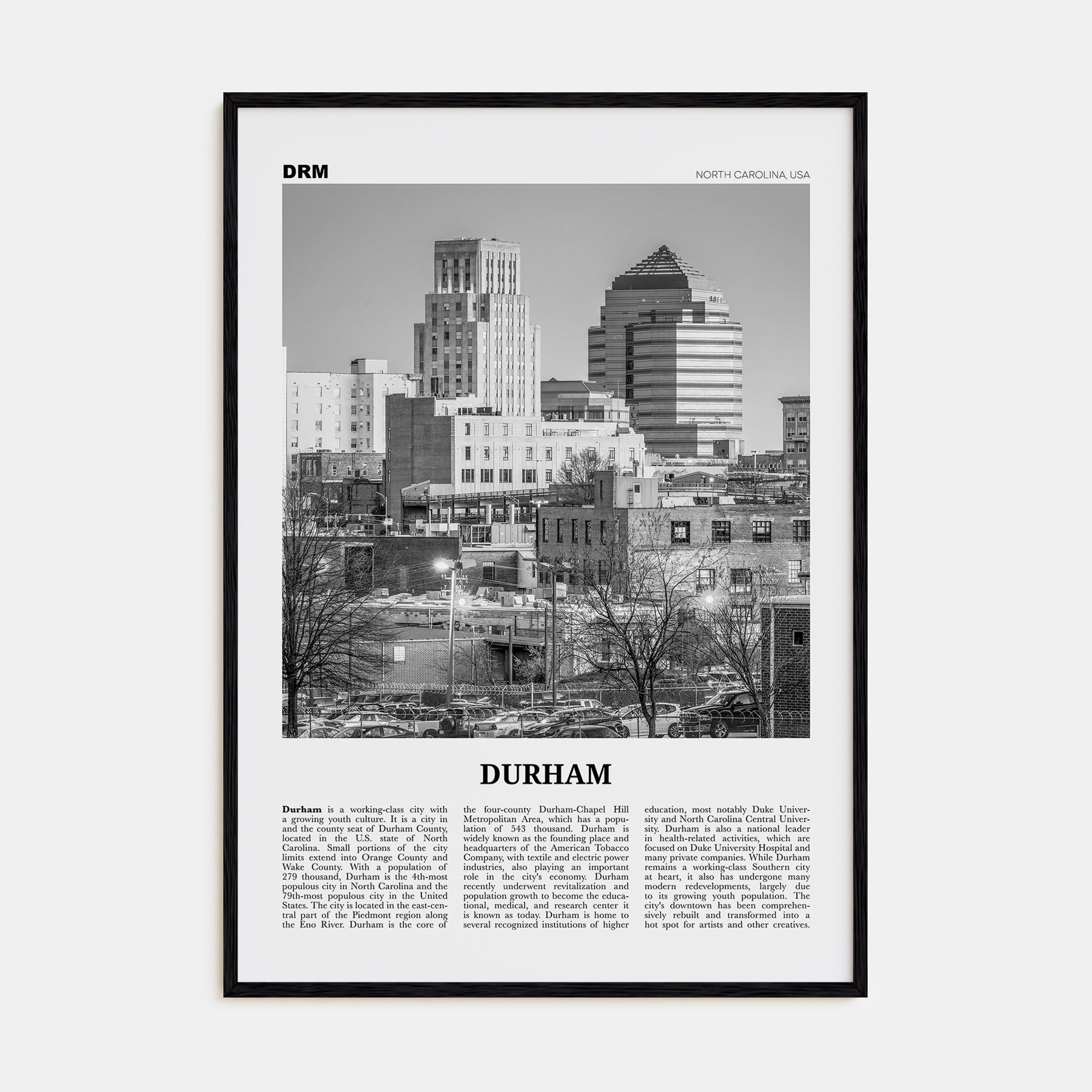 Durham, North Carolina Travel B&W Poster