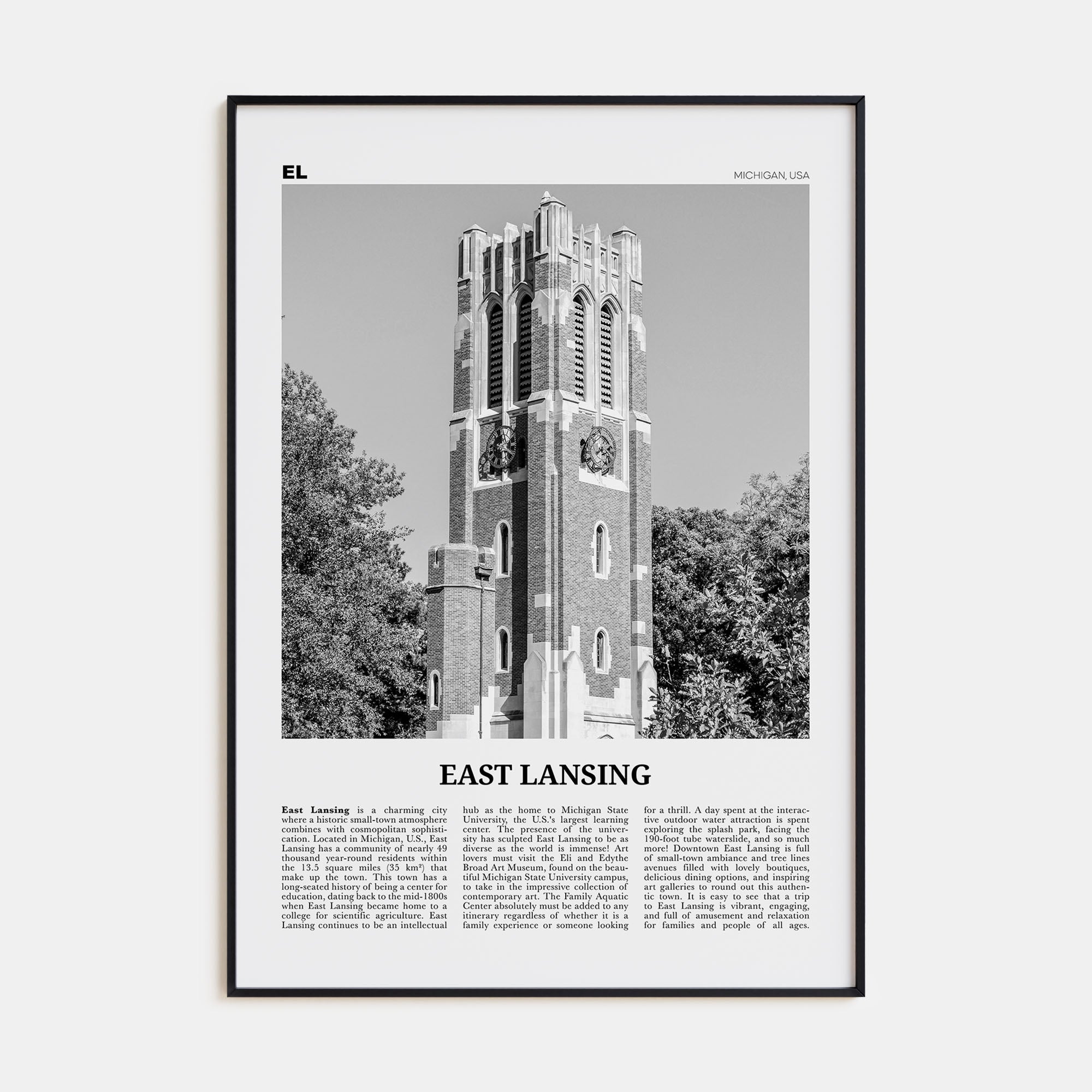 East Lansing Travel B&W Poster