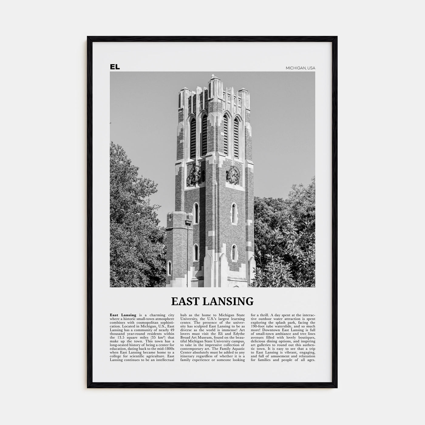 East Lansing Travel B&W Poster