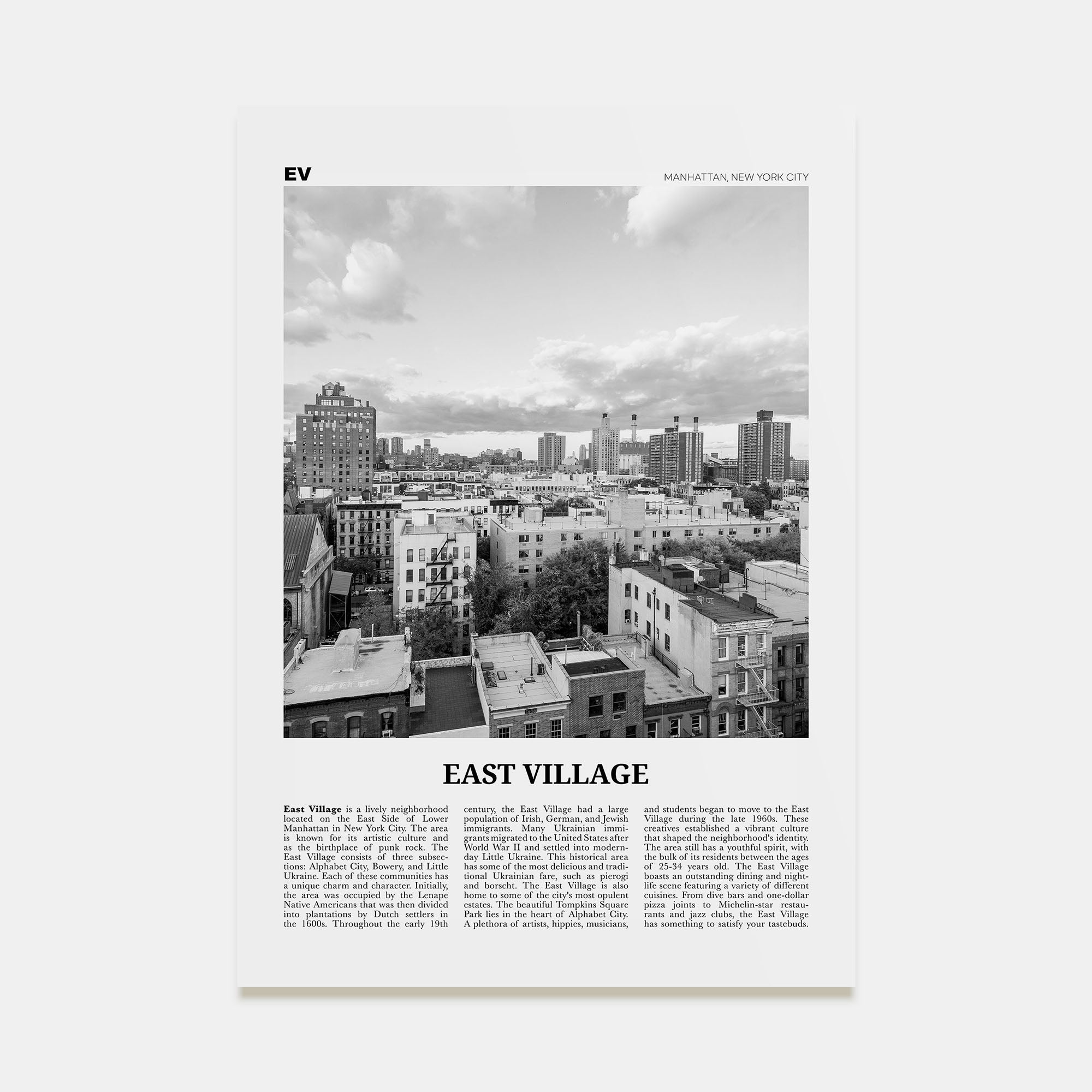 East Village, New York Travel B&W Poster