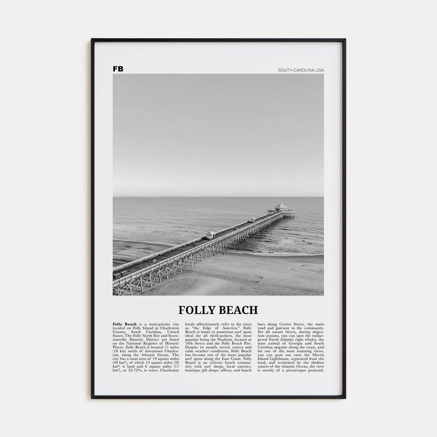 Folly Beach Travel B&W Poster