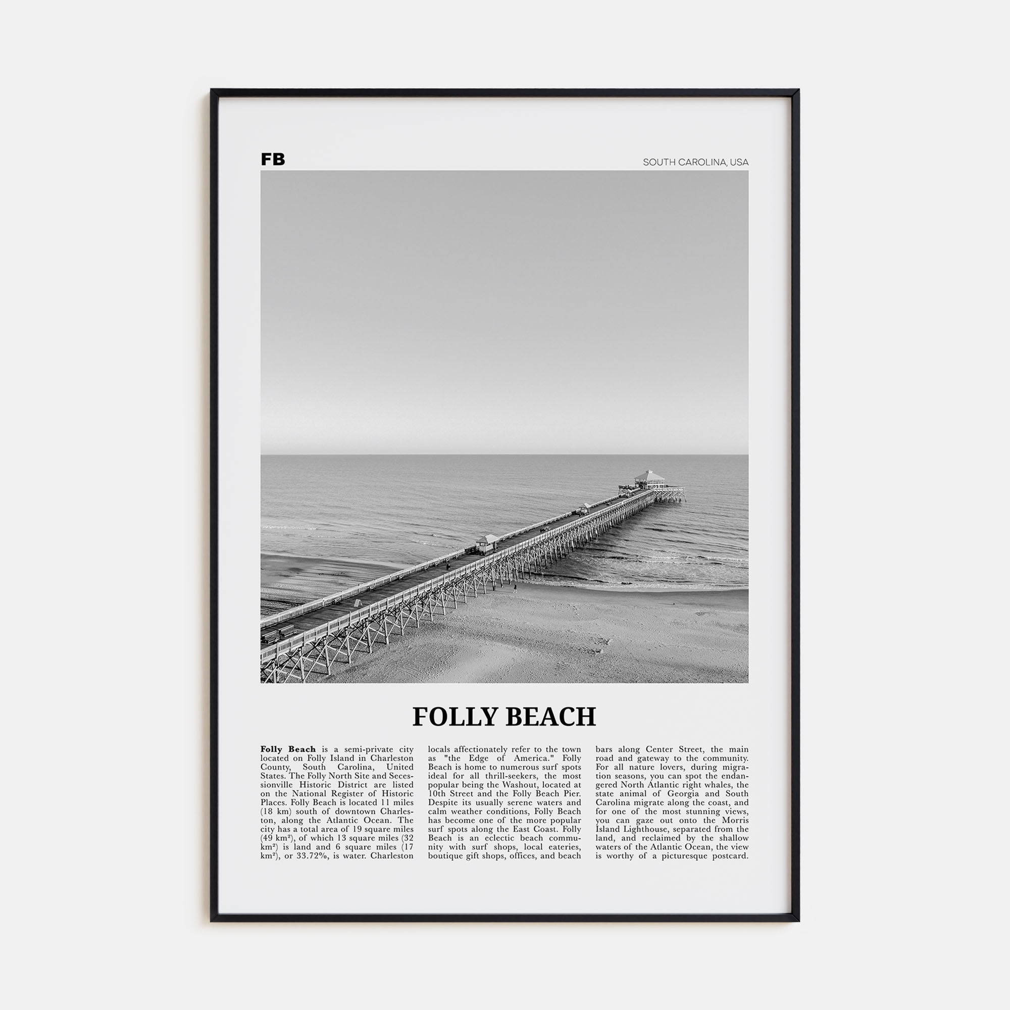 Folly Beach Travel B&W Poster